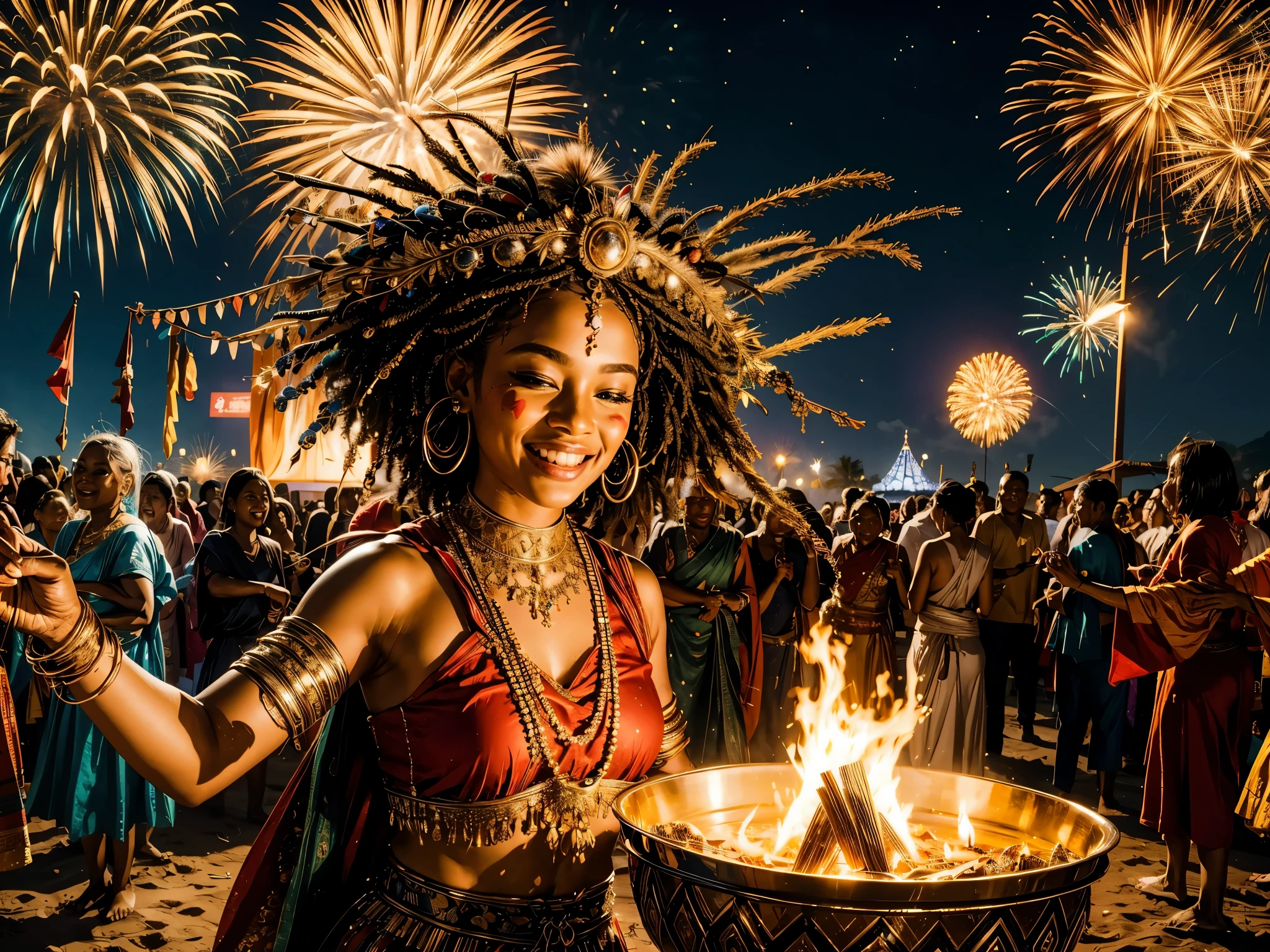 (best quality,4k,8k,highres,masterpiece:1.2),ultra-detailed, tribal ritual, New year celebration, fireworks, celebrations, crowded, New year eve, highres,portrait,new year eve,celebration,beautiful fireworks,colorful lights,sparkles,joyful atmosphere,happy people,enjoying the moment,warmth and laughter,festive decorations,glowing candles,sparkling champagne glasses,dazzling party dresses,music and dance,delicious food and drinks,hope and new beginnings,memorable moments,cheers and toasts,excitement and anticipation,unforgettable night,positive energy,endless possibilities,optimistic outlook,unity and togetherness,enchanting night sky,cityscape at night,reflection on the past year,anticipation for the year ahead