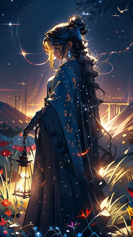 Expansive Landscape Photography., (Vista desde abajo con una vista del cielo y el desierto debajo), Little girl standing in a field of flowers looking up, (Luna llena: 1.2), (estrella fugaz: 0.9), (nebulosa: 1.3), distant mountain, tree BREAK production art, (warm light source: 1.2), (Firefly: 1.2), lamp, purple and orange, detalle intrincado, BREAK lighting volume (obra maestra: 1.2), (of the highest quality ), 4k, Ultra detallado, (Dynamic configuration: 1.4), Detalles muy detallados y coloridos (Iridiscente: 1.2), (Bright lighting, atmospheric lighting), Dreamer, magical, (Solo: 1.2)