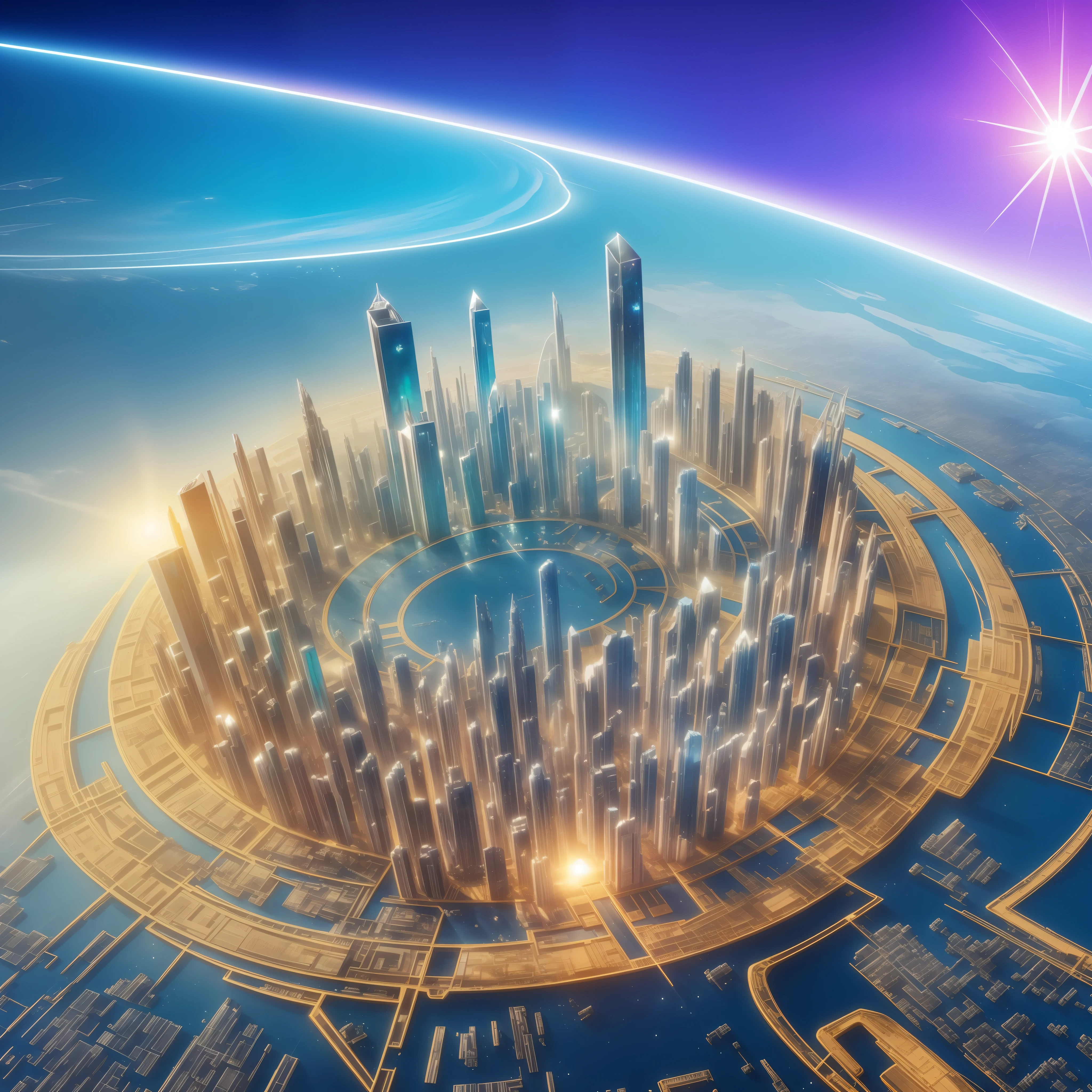 Ultra high definition. A futuristic city built of crystals on an extraterrestrial planet enveloped in golden light. Designed in harmony with nature, organic cultivation is possible. Man does not exist. A plasma emitter emitting a glowing iridescent aura is floating.