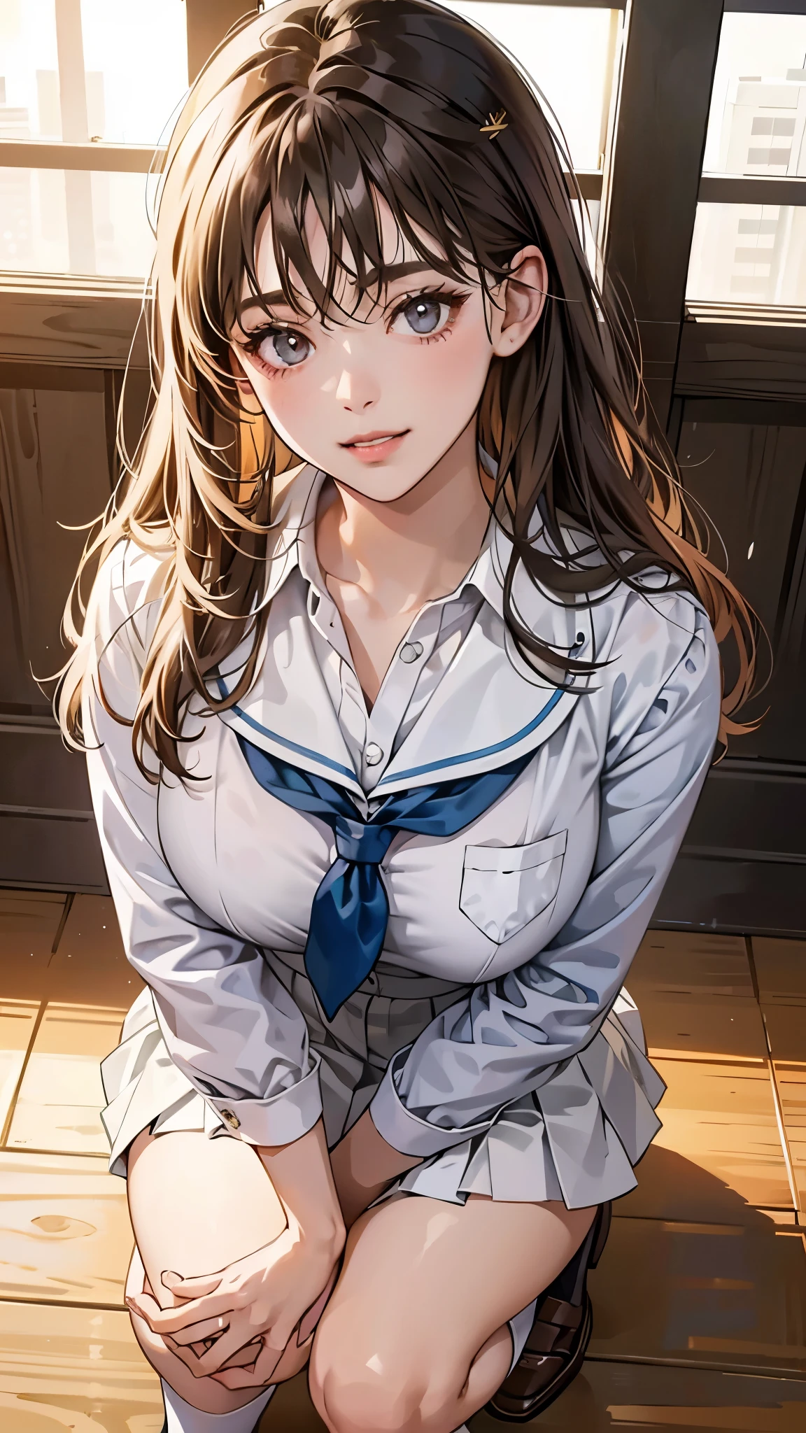 realistic, lip gloss, realistic, highest quality, ultra high resolution, depth, pastel colour, natural shadow, focus on the face, just face, looking at the viewer, long hair, brunette hair, A masterpiece of brown and detailed eyes, highest quality), 1 girl, alone, From before,
(shut up), smile, parted lips,
shiny skin, thick thighs, white panties,
school uniform, Serap, pleated skirt, loafers, black socks, squat, indoors, looking at the audience, anatomically correct  