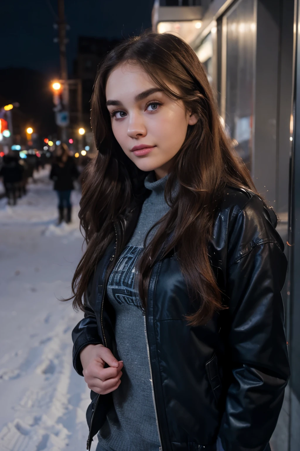 arafed woman with a jacket, deep cleavage, sasha grey, portrait sophie mudd, 18 years old, stunning closeupheadshot, madison beer girl portrait, violet myers, she looks like a mix of grimes, very pretty model, arian mark, 8k resolution, very detailed image, blue eyes, winter, snowy night, nikon, cinematic, photo in poland, poland style,