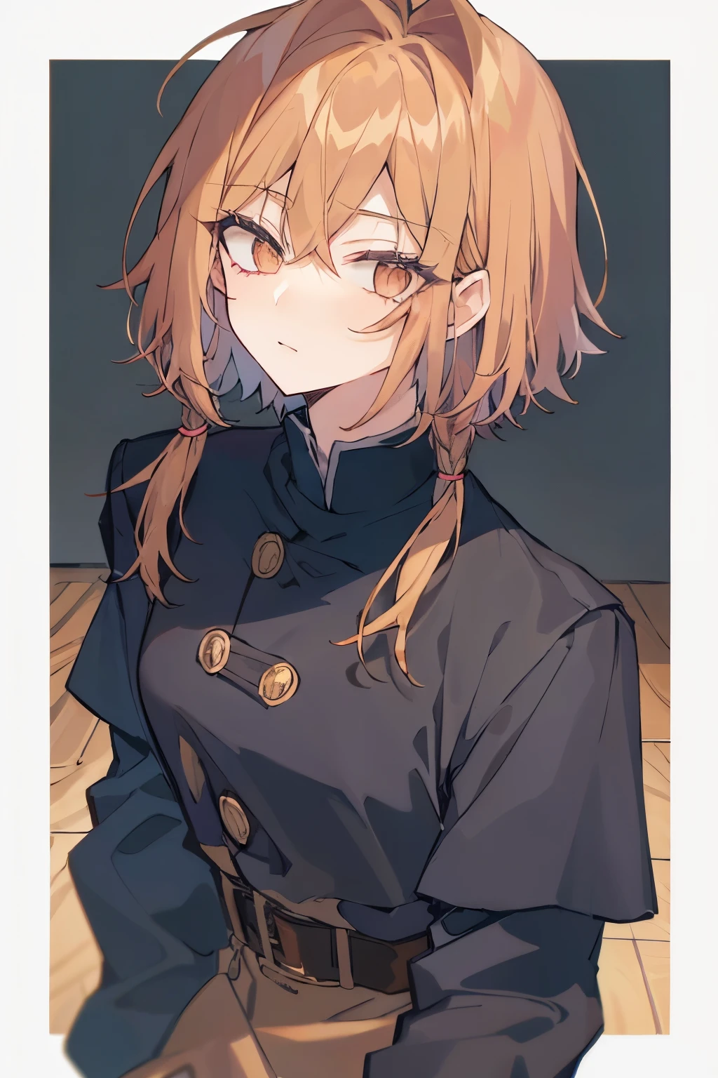 masterpiece, +++, top quality, soft light, nobara kugusaki, short brown hair, forhead, locks, wearing a navy blue outfit, long sleeved shirt, brown eyes, white background, portrait, sighing, blush