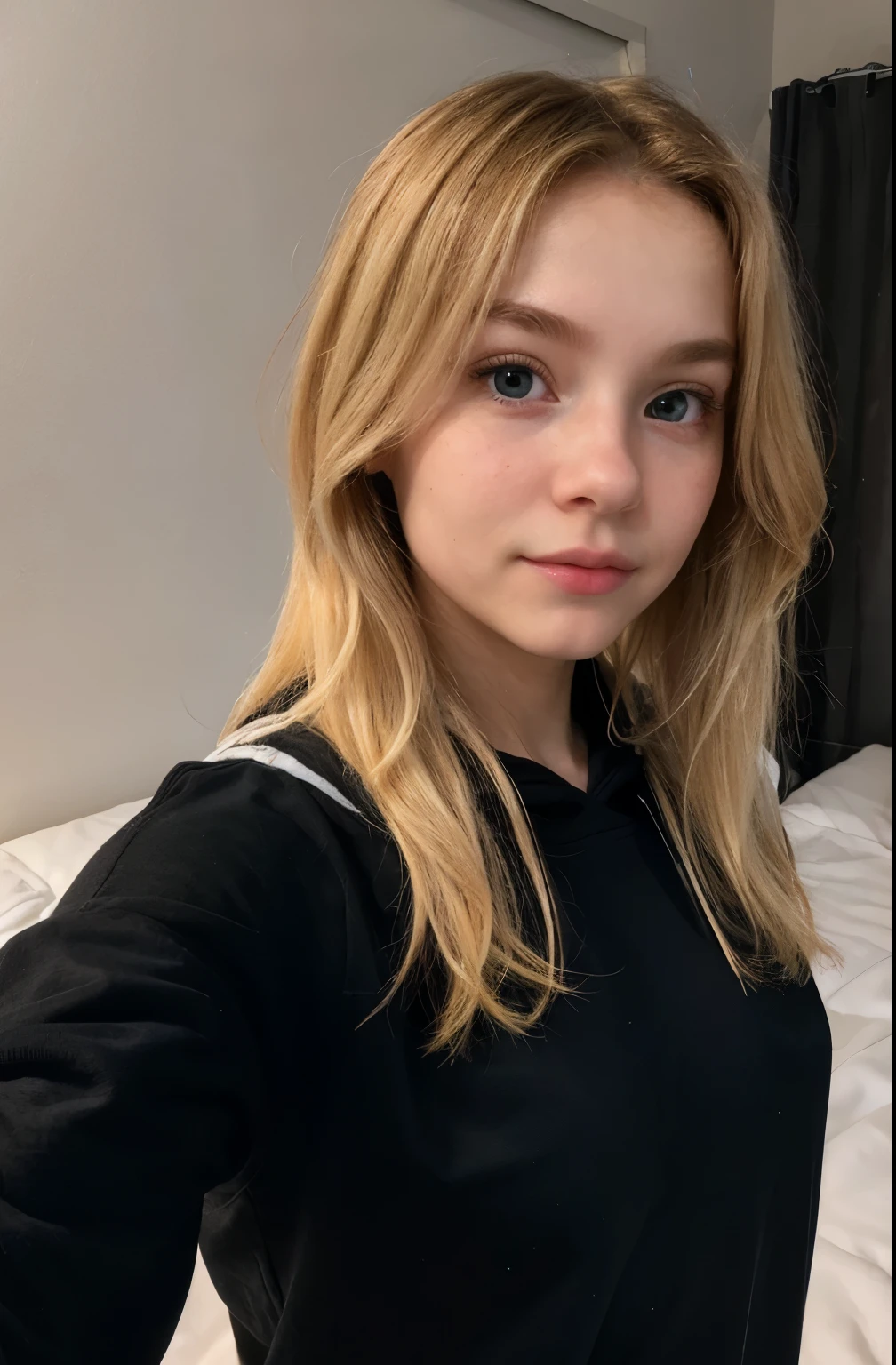 create ultrarealistic, hyperdetailed, anatomically correct girl (blonde, cute, innocent, flat-chested, petite) upper body selfie from hand (front camera) in bed, wearing black hoodie
