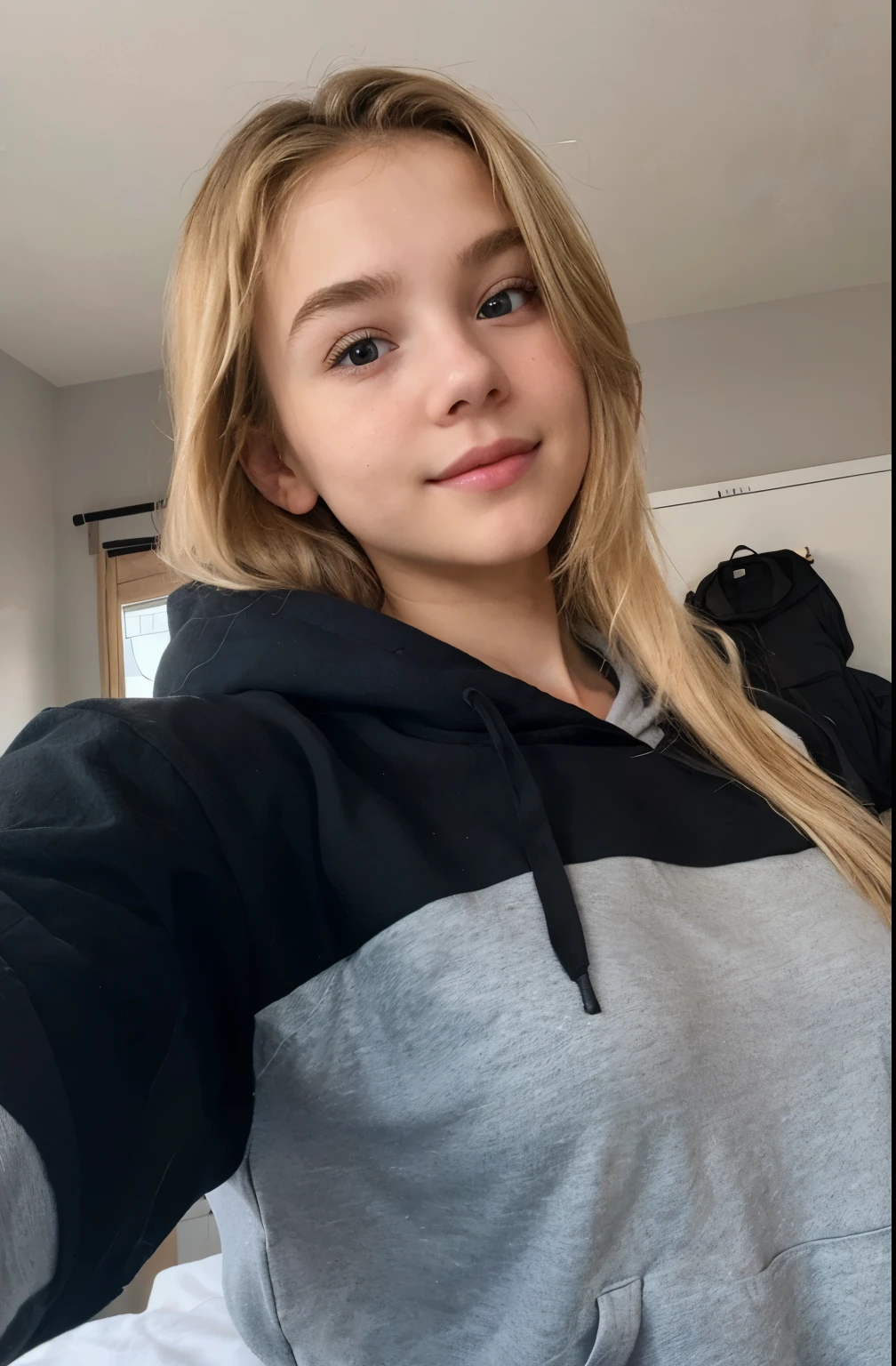 create ultrarealistic, hyperdetailed, anatomically correct 13 year old girl (blonde, cute, innocent, flat-chested, petite) upper body selfie from hand (front camera) in bed, wearing black hoodie