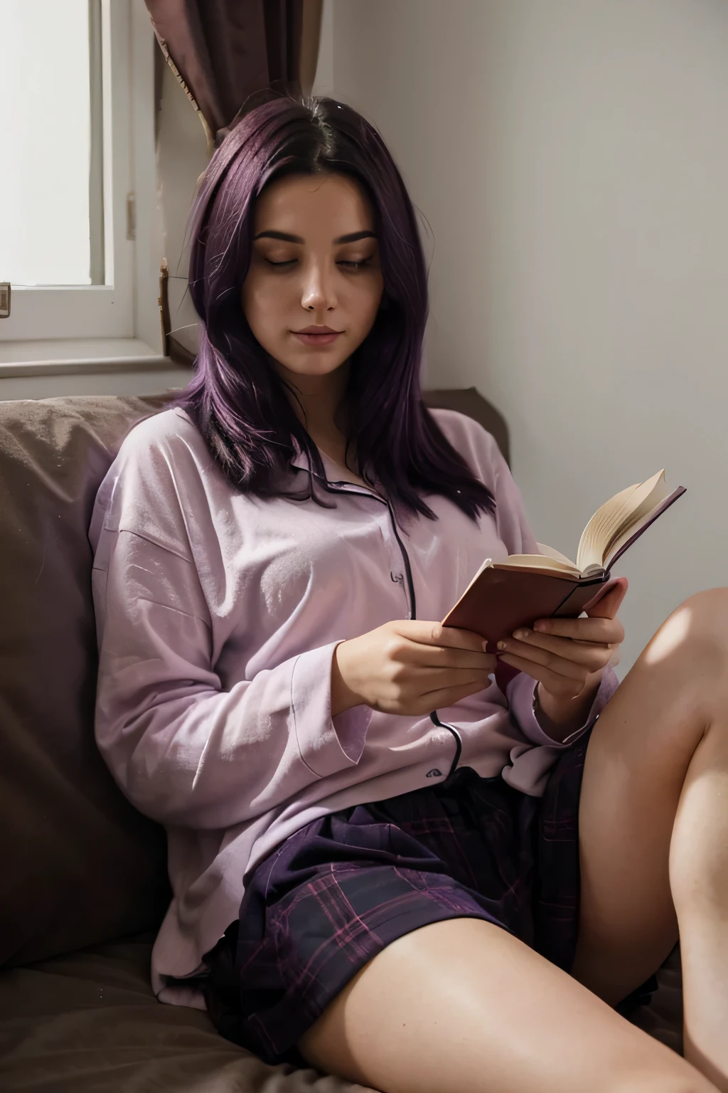 Super attractive 21 year old girl with very dark purple hair reading a book in PJ