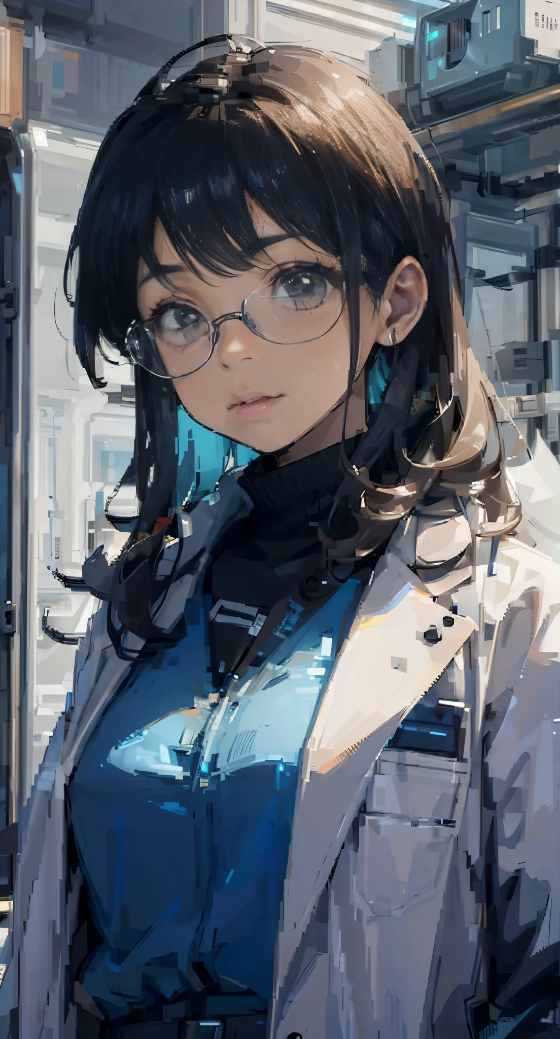  Dr. Sonia Soto, a brilliant and passionate female scientist in her mid-30s, stands in her state-of-the-art laboratory. She wears a white lab coat and safety goggles, exuding an air of intelligence and determination works among test tubes and scientific devices in her advanced laboratory.