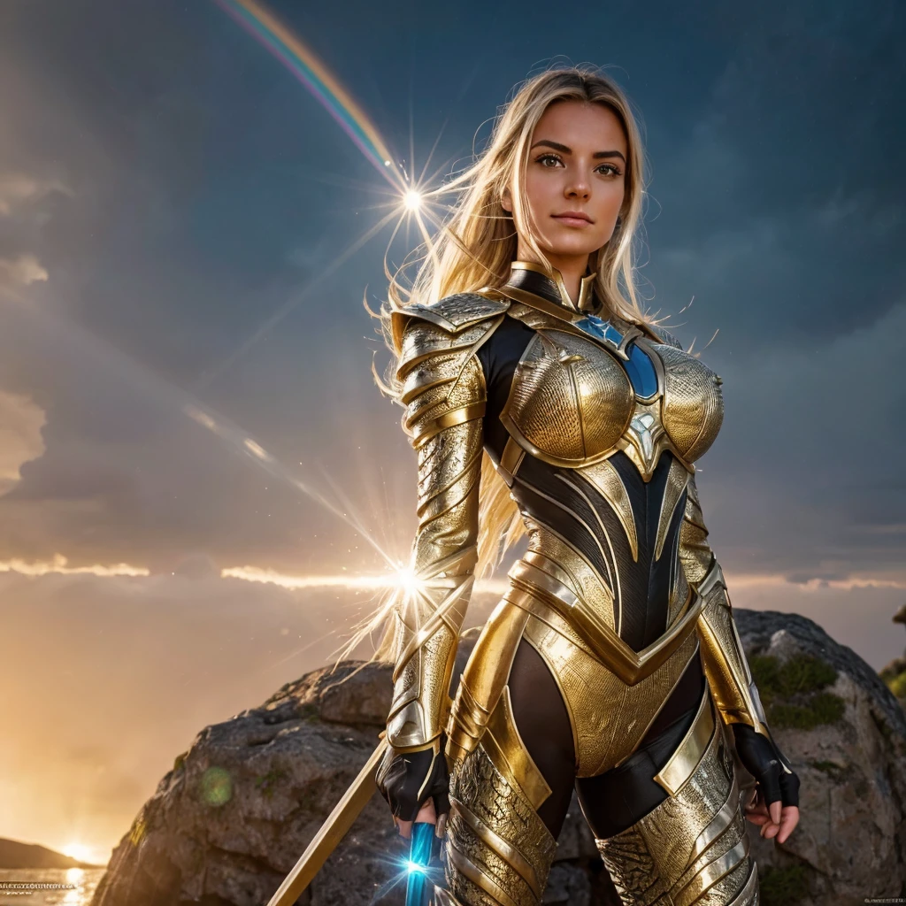 Knight of the Zodiac Aiolia de Leo, caveleira de ouro com capa branca, ataque na velocidade da luz, Saint Seya, (STYLE OCTANE RENDER!!!), (textura OURO REALISTA), CABELO REALISTA!!! (OURO BRILHANTE), (textura realista:2.0), (HDR:1.2), (4K), BLOND HAIR LONG, tiro de corpo inteiro!!!, camera low, TRAJE super detalhada ( DOURADA ARMADURA), adornada com pedras brilhantes, (GODDESS ARMOIRY ARMOR!) traje com pedras preciosas, ombreiras largas, nordic woman!, rosto angelical, symmetrical face, seduzir, coxas musculosas definidas, SALA DO TRONO MAJESTADE, corpo inteiro, mostre as pernas de calcinha dourada brilhante relusente, olhos azuis sensuais, coxas BRANCA, pernas, boca vermelha, olhos pequenos, nariz fino, (Nordic ethnicity), (MUSCULAR GIRL!), (STRONG GIRL!), pele branca, 25 year old girl skin clean, pele branca, skin clean, (OLHOS PERFEITOS!), hot girl, pele muito branca, albina, luzes piscando, SPLASH, (LENS FLARE!), (RAINBOW!), (RAIN:1), (STORM!), (SUPER STORM!!!), (GRAIN)