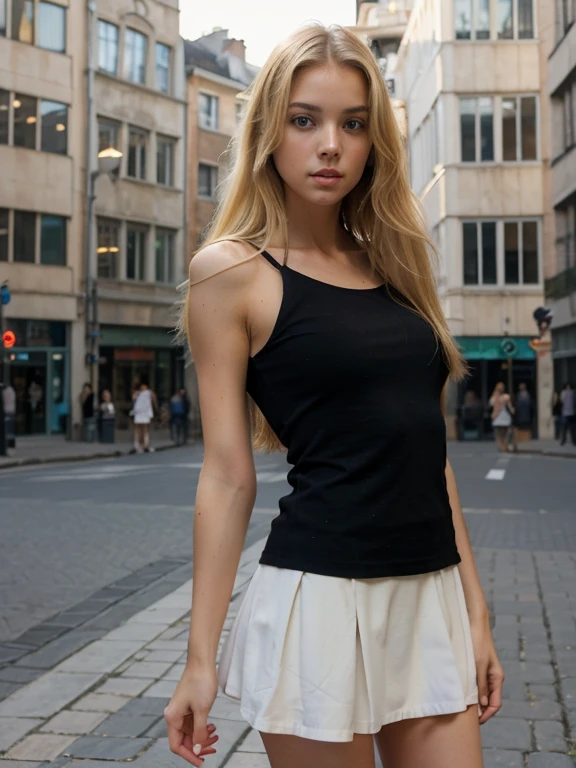 Blonde girl, sexy, looking into the camera, defiant pose, girl in a short skirt, realistic, long hair, full length, against the background of the square, beautiful slender girl, languid look, parted lips
