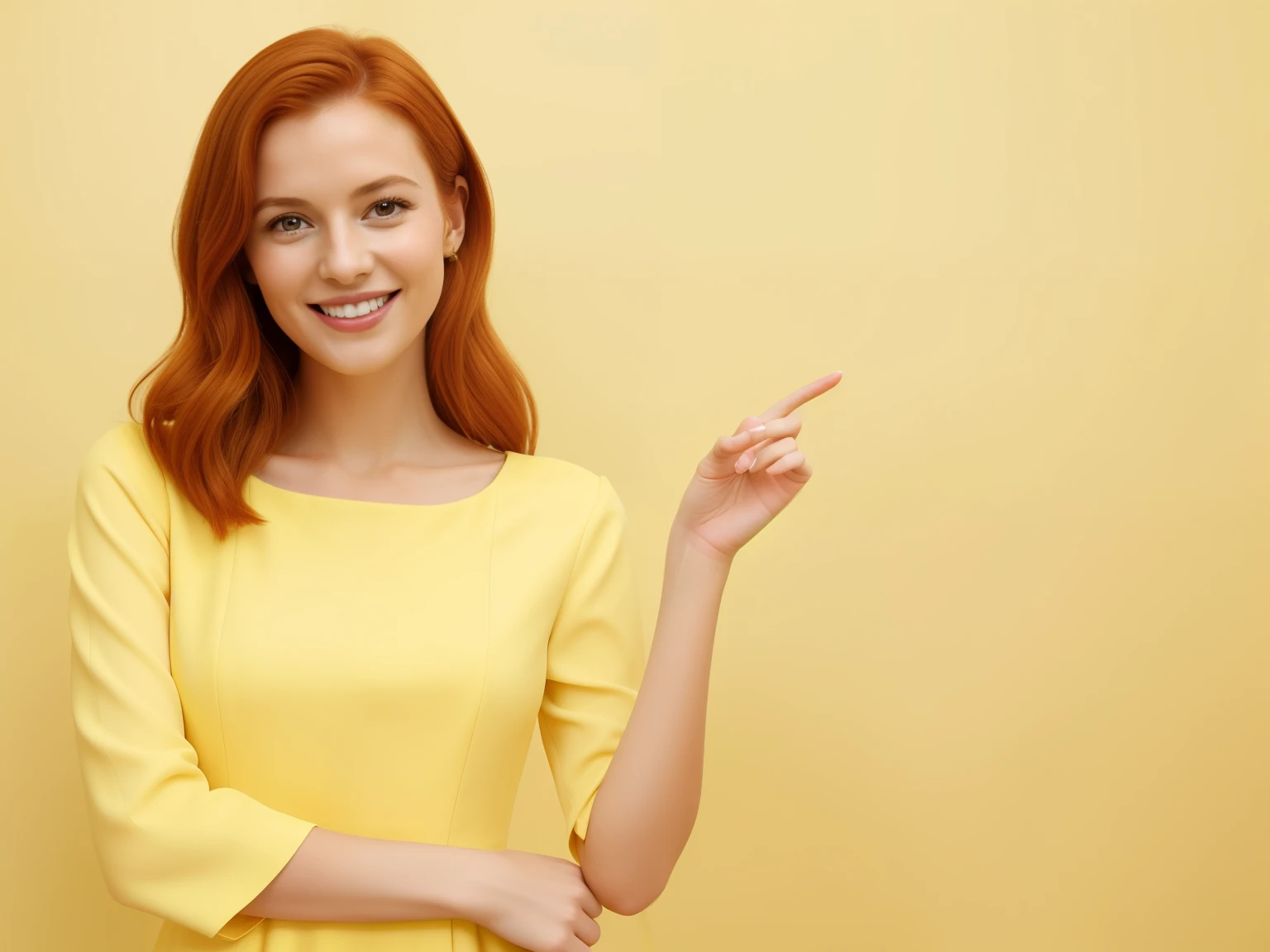 (1girl), photostudio, woman on one side of the picture pointing to the left with her finger and her index finger extended wearing a yellow dress with a completely yellow minimalist wall background, the woman is beautiful, she has reddish hair. the woman is smiling, the hand is visible, she is pointing. Advertising image. perfect hand.