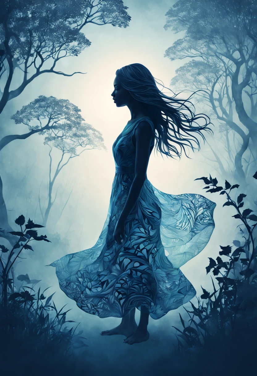 Against a backdrop of a matte gradient transitioning from misty gray to soft blue ,a compelling double exposure picture that seamlessly merges the presence of a woman and the wonders of nature. Capture the harmony between the human form and the natural world, using light and shadow to accentuate their connection and create a visually striking narrative. the silhouette of the woman intricately entwined with psychedelic ZENTANGLE patterns takes form. Fine lines dance on the tranquil gradient, providing a captivating contrast against the vibrant intricacies. She steps into the composition, a captivating harmony of calm gradients and dynamic allure, digital rendering, trippy art, illustration., 3d render