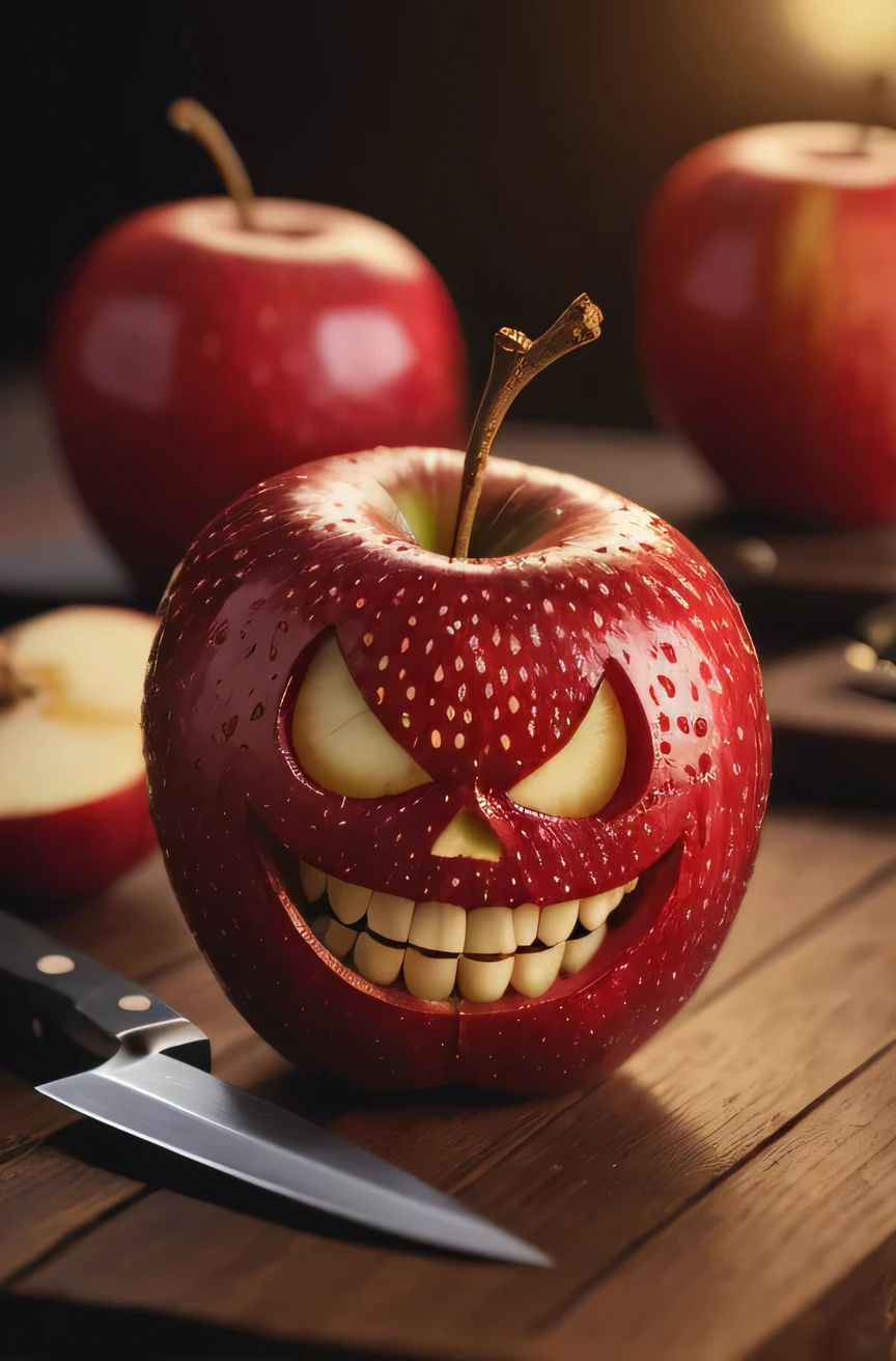 An evil apple with a sewn on leather face biting a bloody hand, gore