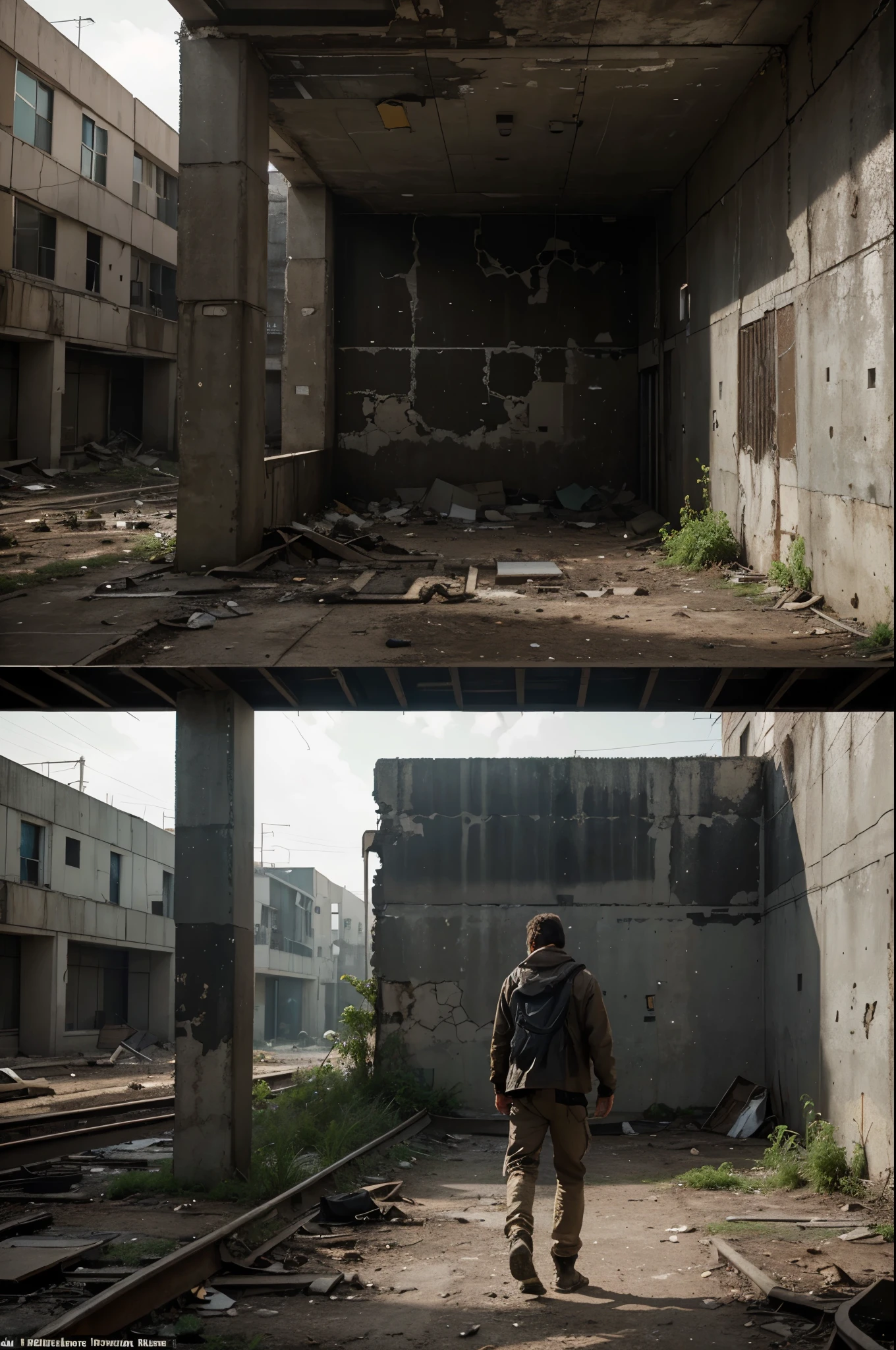 Generate an image depicting a post-apocalyptic environment where nature has reclaimed control, with abandoned buildings being consumed by plants. Use a desaturated color palette with earthy tones to convey a sense of desolation. Illustrate robust and wild plants growing amidst cracks in concrete and metal structures. Include a lone individual walking in the scene, wearing worn-out clothes, conveying a touch of melancholy or determination in their expression. Ensure the composition conveys the idea of resili
