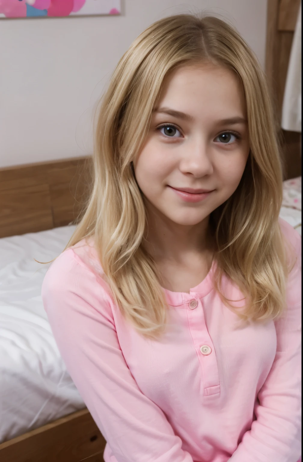 create ultrarealistic, hyperdetailed 12 year old girl (blonde, cute, innocent, flat-chested) selfie in bedroom wearing girly pink clothes