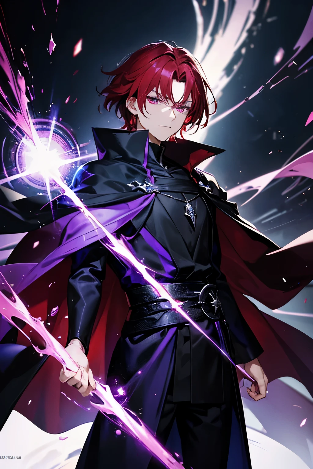 A sorcerer man with crimson red hair and eyes standing, dark purple magic around him, black robe.