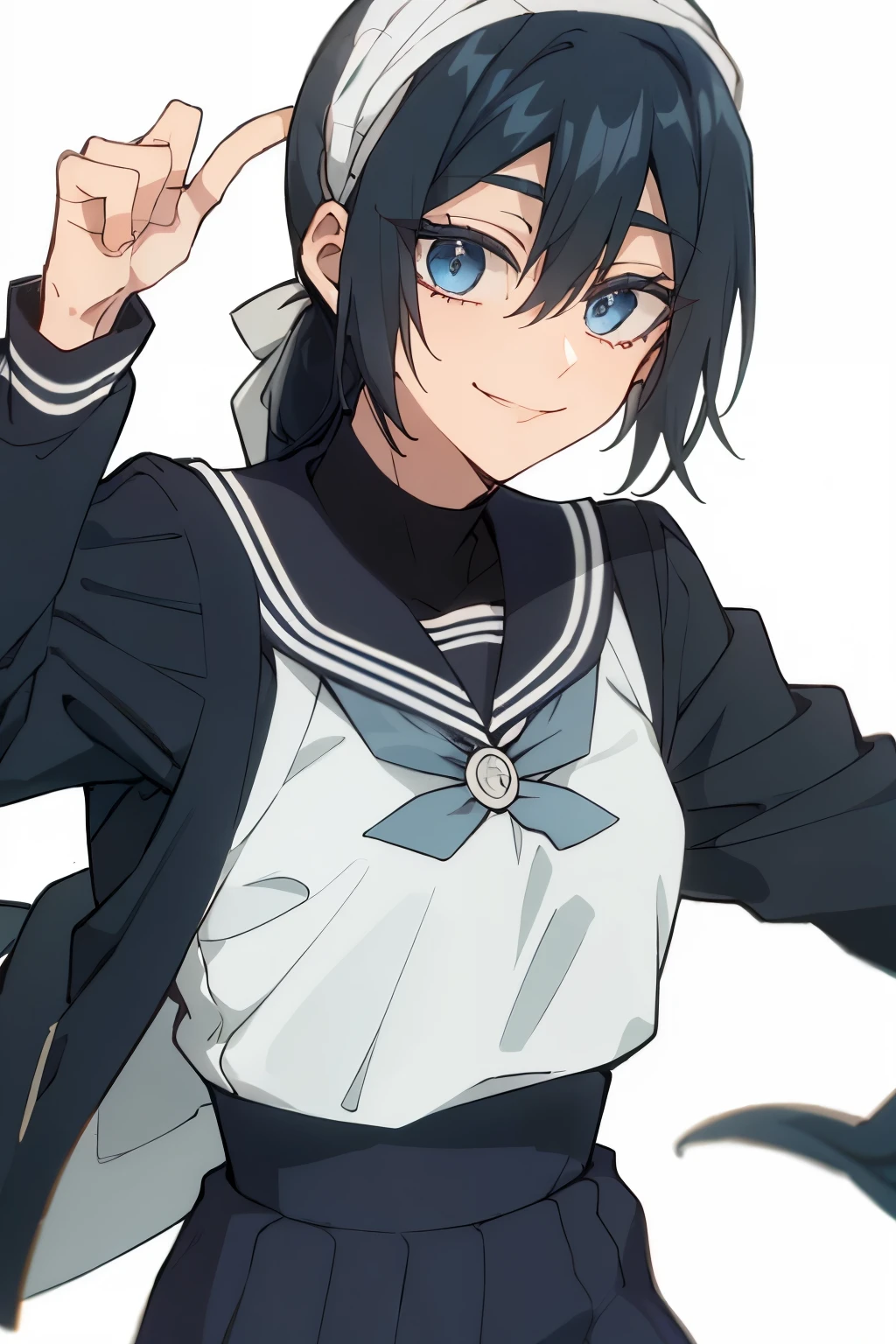 masterpiece, +++, top quality, soft light, amanai riko, black hair, bangs, locks, low long ponytail, blue eyes, wearing a sailor uniform, long sleeved, blue ribbion, smiling, blush, portrait, white background