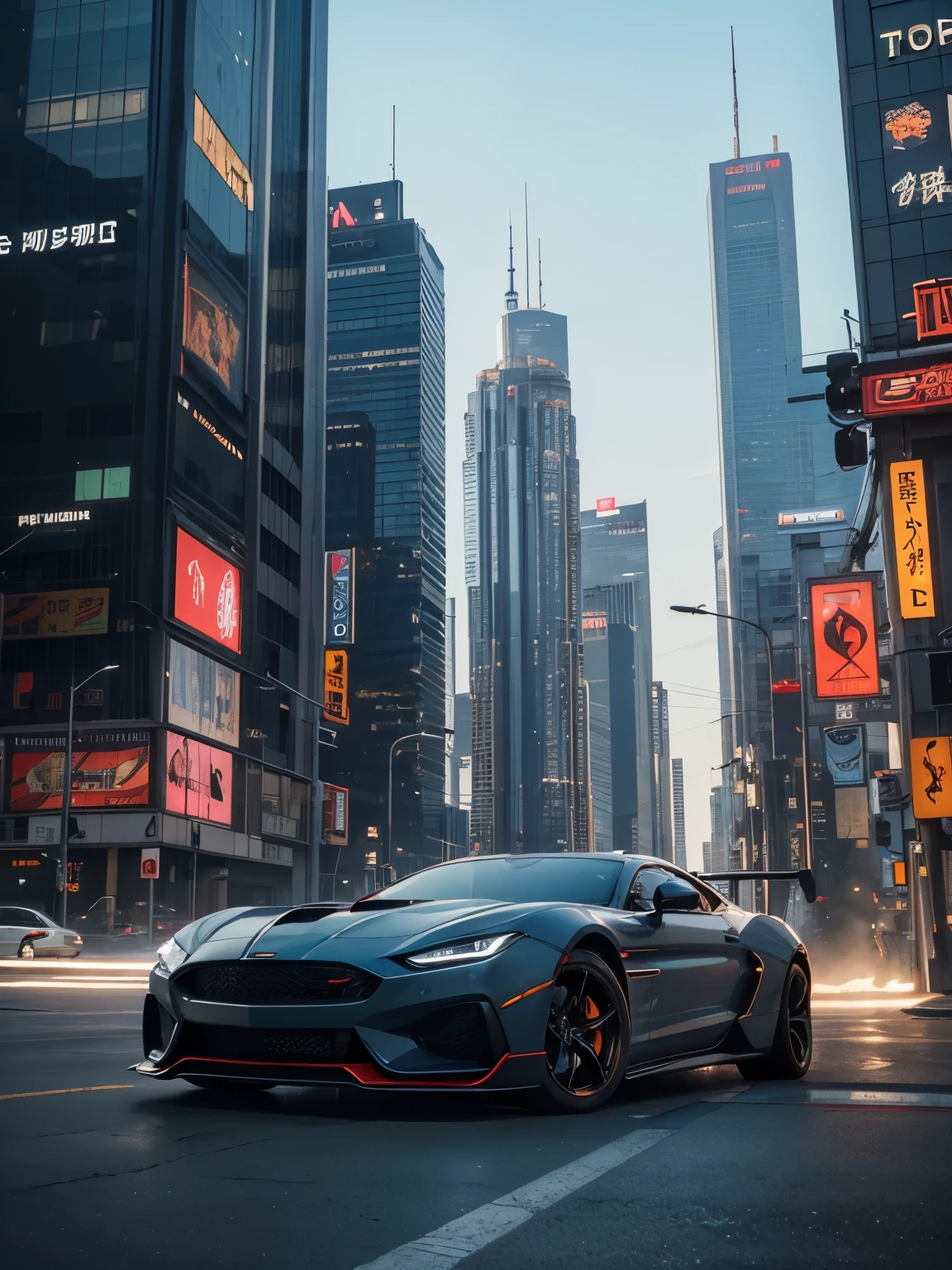 ultra photoreal sim，Metal，sharp，super car，Professional photo futuristic muscle car with multiple modified wheels， Guido， cybernetic hood， Network Carper Toronto Pop-up Headlight， Science fiction， Science fictionのシーン， （noon）， natural soft light， cyberpunk characters， future city， cyberpunk city， neon sign， very detailed， （very detailed背景）， Multiple buildings in the background， detailed texture， wide angle， 8K， HDR， professional photography，high quality photos，realistic，realistic shadows，detailed shadow，realistic proportional particles，RAW photography，