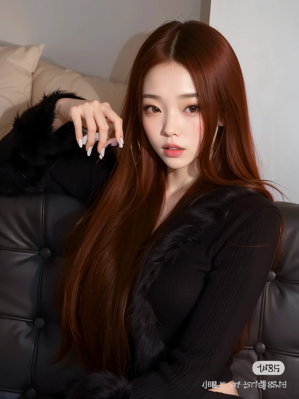 Arafed woman with long red hair sitting on a sofa, Retrato de Jossi do Blackpink, long shiny ethereal hair, cabelos longos vermelhos castanhos, asian girl com cabelo comprido, inspirado em Sim Sa-jeong, com cabelo comprido, Portrait of female Korean idol, retrato de jisoo blackpink, cruel korean goth girl, cabelo ruivo na cintura, longos cabelos ruivos brilhantes