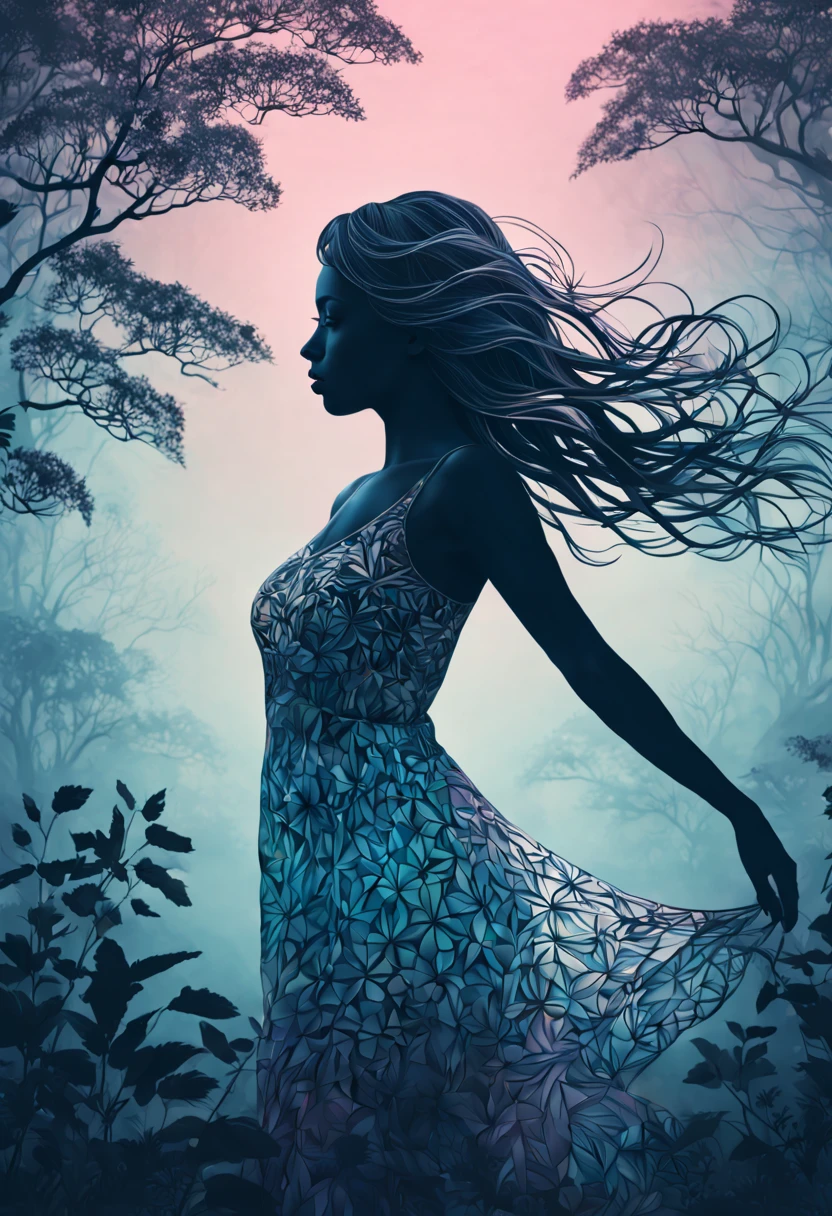 Against a backdrop of a matte gradient transitioning from misty BLUE to soft BLUSH ,a compelling double exposure picture that seamlessly merges the presence of a woman and the wonders of nature. Capture the harmony between the human form and the natural world, using light and shadow to accentuate their connection and create a visually striking narrative. the silhouette of the woman intricately entwined with psychedelic ZENTANGLE patterns takes form. Fine lines dance on the tranquil gradient, providing a captivating contrast against the vibrant intricacies. She steps into the composition, a captivating harmony of calm gradients and dynamic allure, digital rendering, trippy art, illustration., 3d render