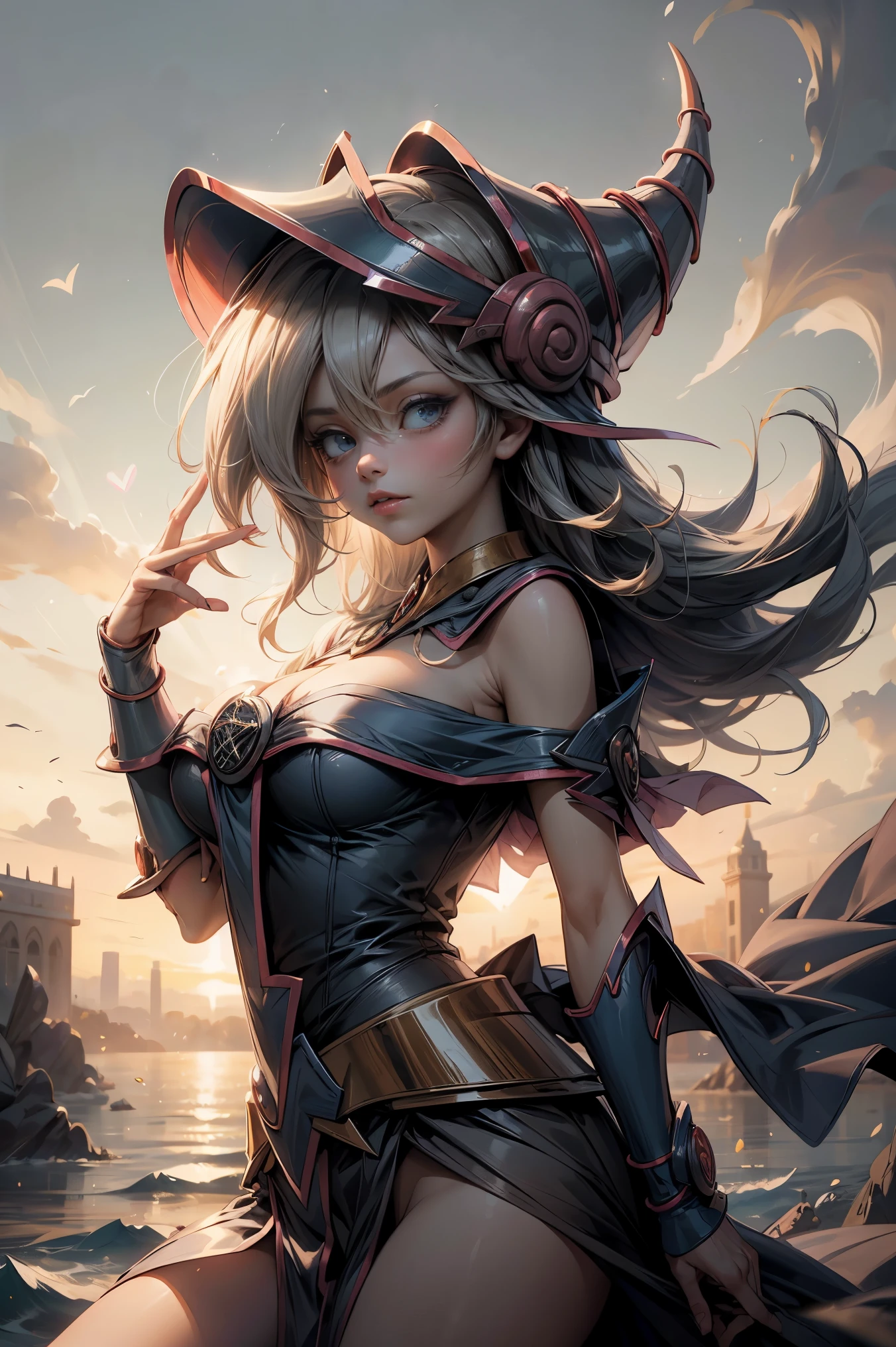 (Obra maestra:1.2), (La mejor calidad:1.2), Perfect lighting, Chica Maga Oscura lanzando un hechizo, In his twenties, flotando en el aire, tetas grandes, escote, blue robe, sombrero grande, desde arriba, Destellos, Yugioh juego, Magic of the Heart. Heart lights, Romantic Heart