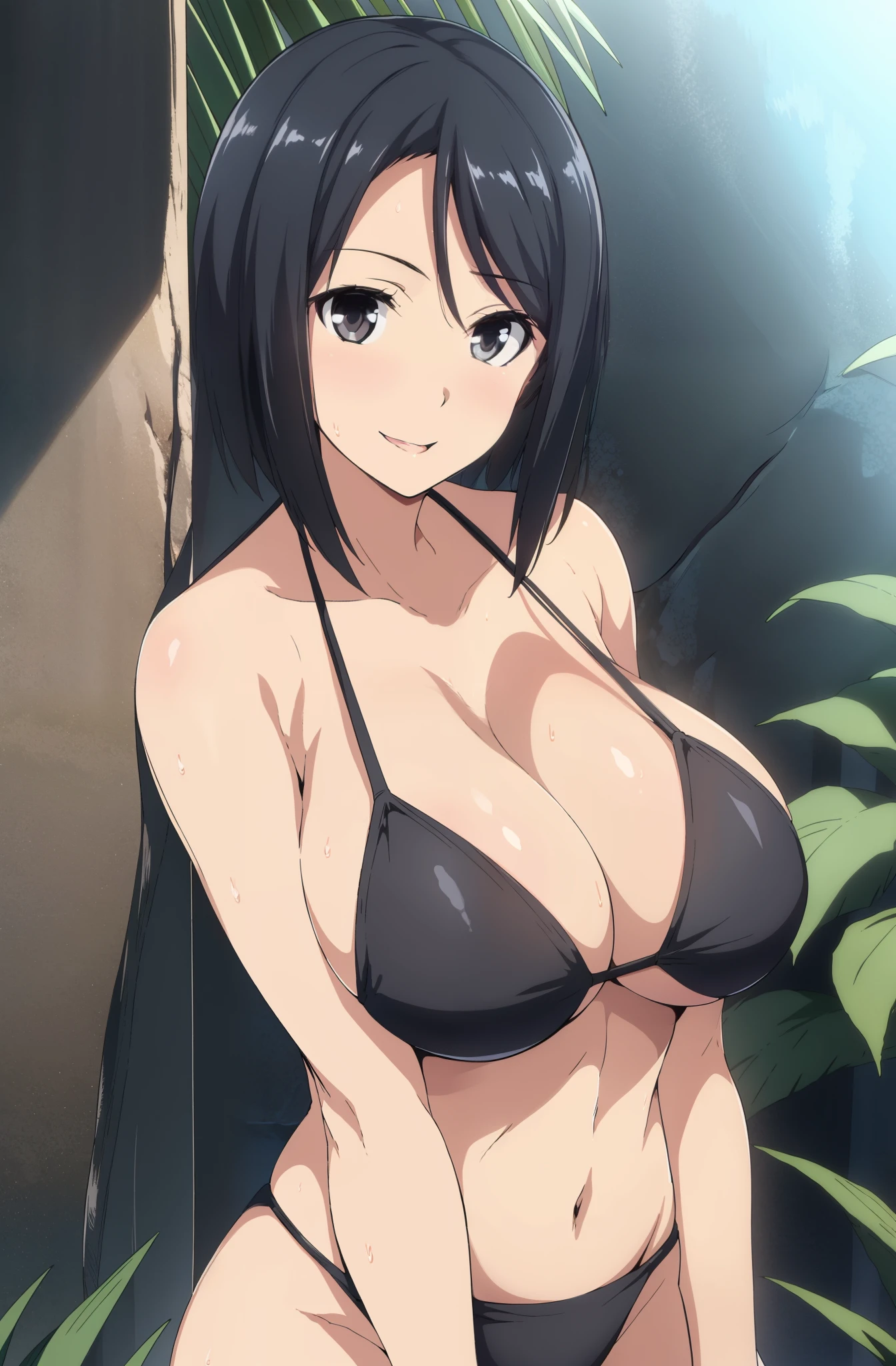 best quality, ultra high resolution, professional artwork, ultra detailed, HD, beautiful tall and mature around 24-28 years old white woman, with black_hair, Bangs,brown_eyes, short hair, wearing a micro black bikini with no sleeves, collarbone, swimsuit, bikini, armor, skindentation, black bikini, huge breasts: 1.uffy, wide hip, breasts are protruding, , jungle Woman, wide hips, seductive and sexy, beautiful embarrassed face with a affectionate look and, thick thighs, detailed ultra oily-shiny skin, daytime, Standing in a lush and mysterious jungle, a superhero pose while still being sexy and cheerful, cowboy shot, close up, Looking at the Viewer, detailed face, detailed black eyes, detailed hair, , alone, solo, 1 girl, portrait upper body,
