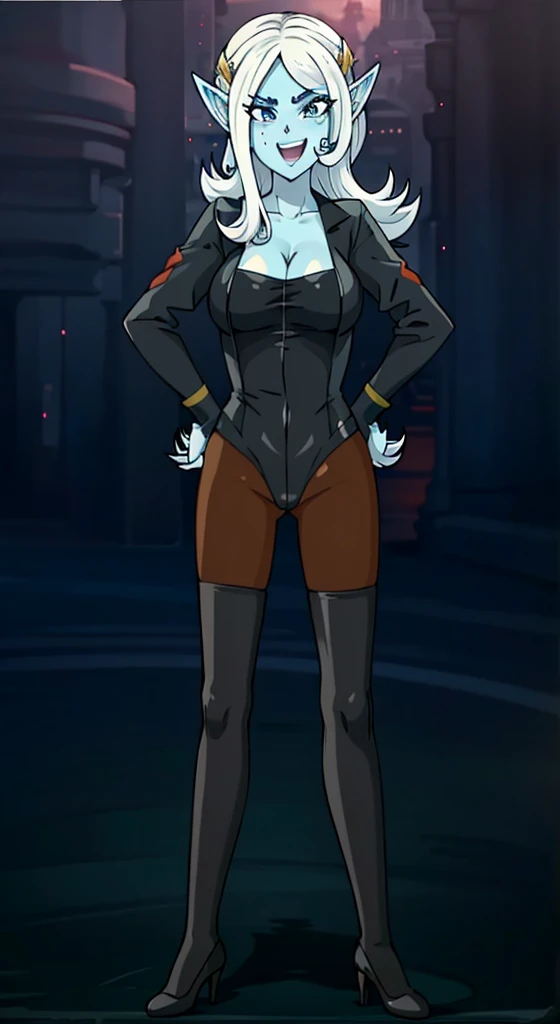 Towa in a black leotard with long sleeves, sil from species, full body with costume, full body portrait, solo, high heels, back hands onto hips, long fingernails, pointy ears, colored skin, blue skin, breasts, cleavage, fingernails, nail polish, lipstick, long hair, boots, standing, white hair, black thigh high boots, high heels, chocolate pantyhoses under leotard, medium breasts, black bodysuit, makeup, high heel boots, grin, earrings