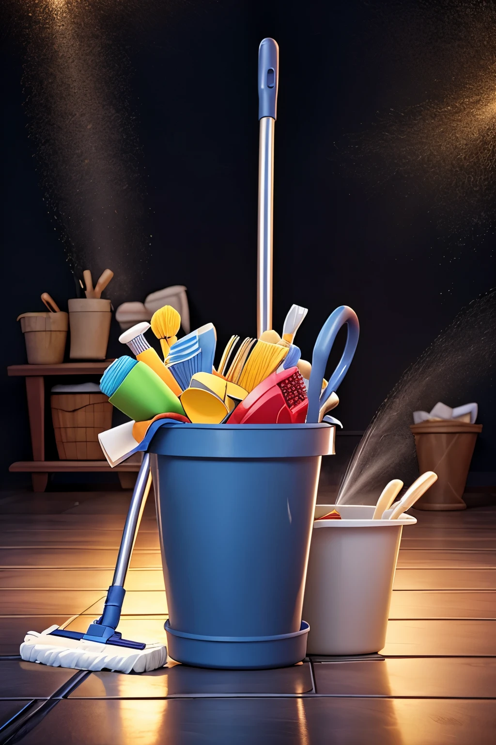 Cleaning poster with mop, bucket, broom, vaccum cleaner and cleaning products. Advertisement. Clean, shiny, sparkling background