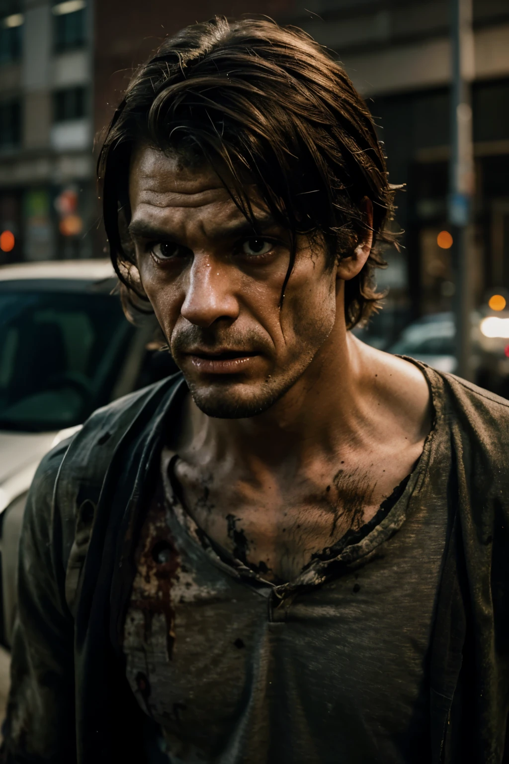 a realistic photo of a man with a tired, zombie-like appearance using a cell phone