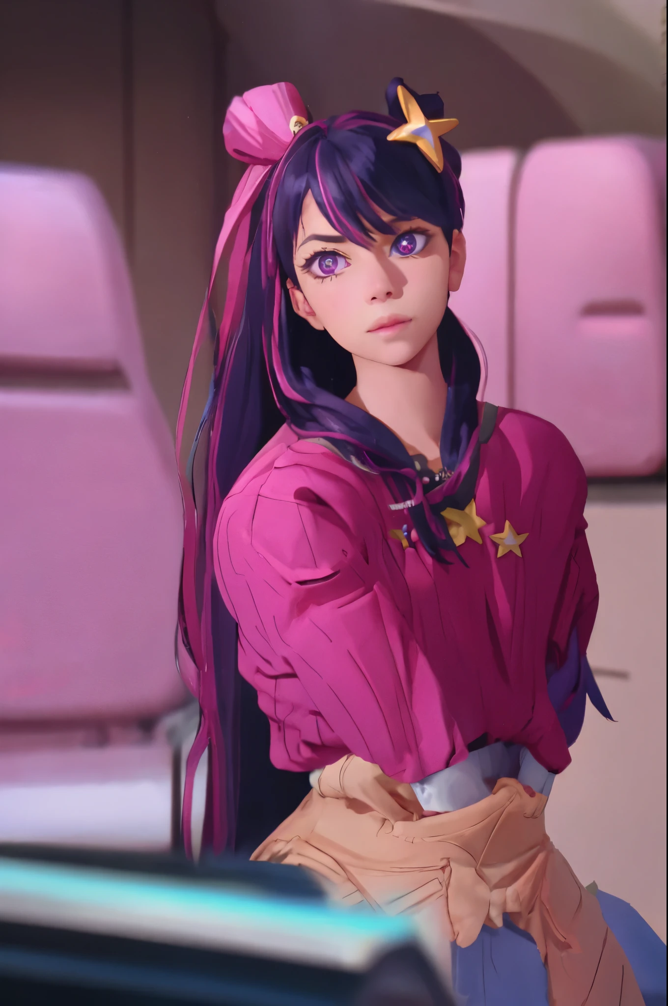 Hoshino Ai, long hair, purple hair, streaked hair ,purple eyes, star-shaped pupils, hair ornament