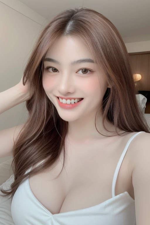 (realistic, high resolution:1.3), 1 girl with perfect figure,light on face, smile, ((crooked teeth)),pale white skin,looking at viewers, super fine face and eyes, long blonde hair, deep v-neck white transparent shirt, face focus:1.3, in bedroom, sit on the bed, massive breasts, exposed cleavage