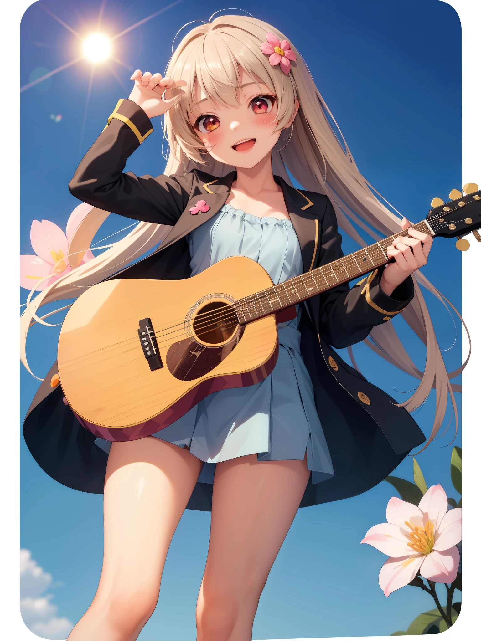 (masterpiece),(highest quality),(super detailed), (whole body:1.2),
1 girl,Chibi,cute, smile, open your mouth,
flower, outdoor, I'm playing guitar, music,  Jacket, blush, shirt,stickers, long sleeve, bangs,

 