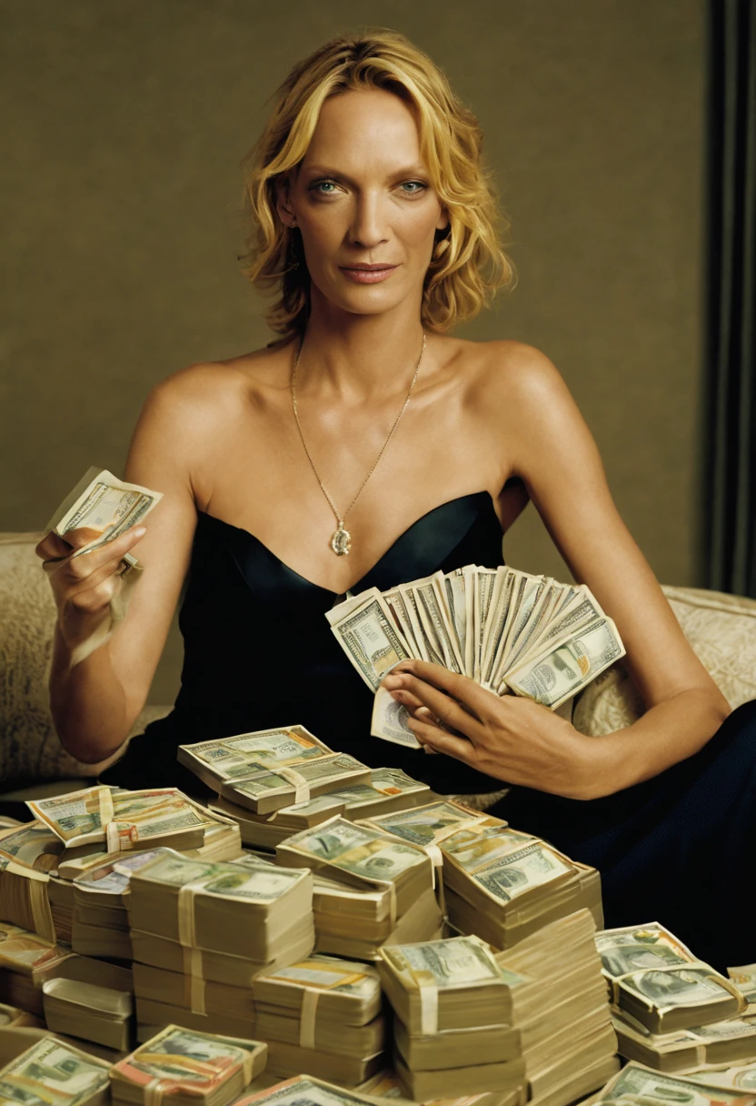 Show uma Thurman holding money and rich looking