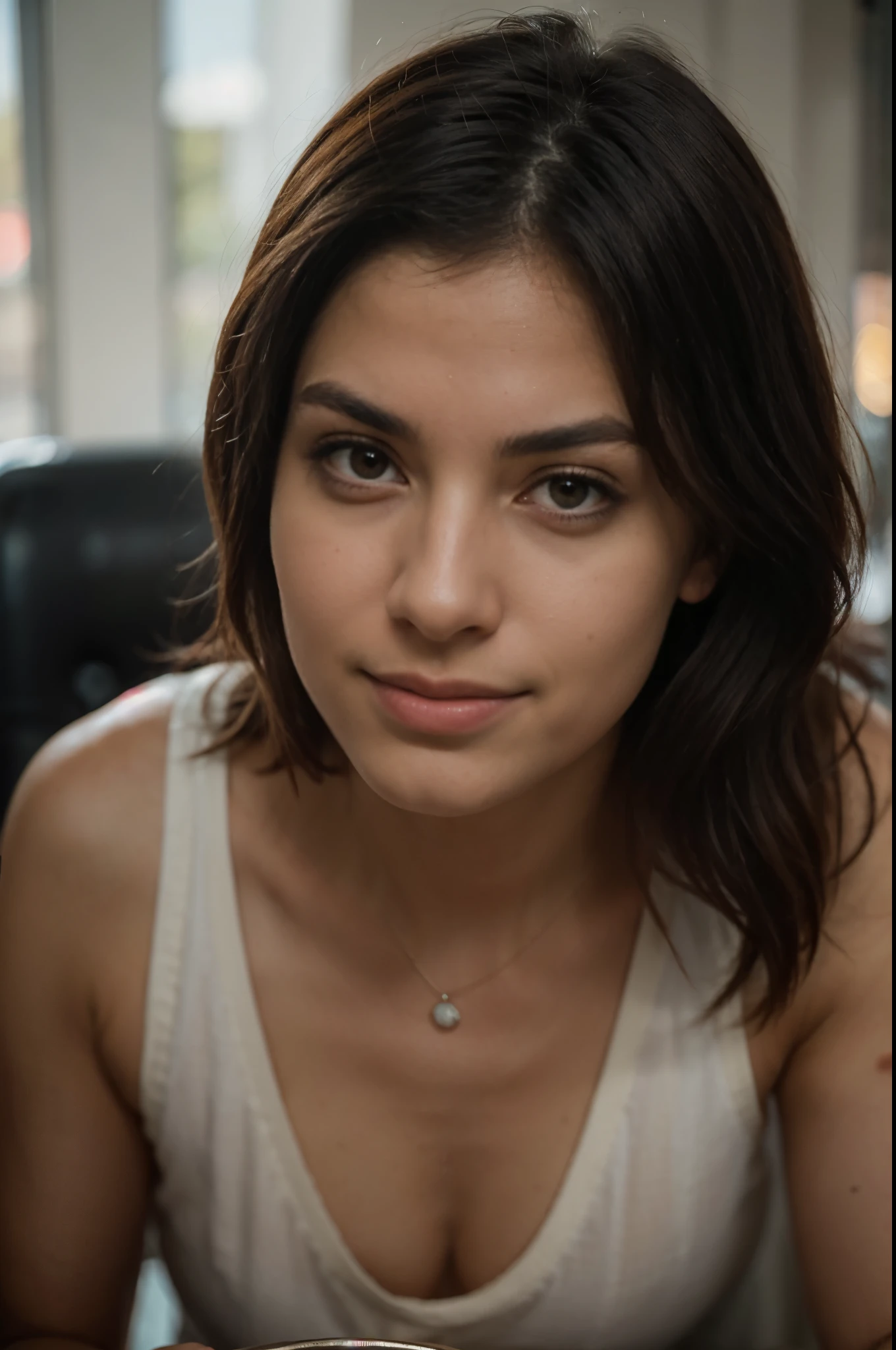 There  a beautiful smiling woman sitting at a table with a watch on her wrist, Pose casual, sentado em uma mesa, Lorena Avarez, sente-se casualmente, Karla Ortiz, ela tem cerca de 1 6 anos de idade, taken in the early 2020s, sentado em uma mesa cor de mocha, fernanda suarez, casual, 18 anos, cool looking, fotografiarrealista, fotografia, obra-prima, realista, Realismo, renderizado, Alto contraste, Arte Digital, fotográficorealista, trend in Artstation 8k HD, high definiton, circunstanciado, Realistic, detalhada, textura da pele, hiperdetalhada, Textura realista da pele, melhor qualidade, ultra high-resolution, (fotografiarrealista: 1.4), high resolution, detalhada, fotografia crua, sharp resolution, Nikon D850 filmes, fotografia de stock 4, Kodak Portra 400 Camera F1 Lens.6, textura hiper realista, lighting dramatic, Unrealistic trend in Artstation Cinestill 800, ..RAW. Directed by: Lee Jeffries.