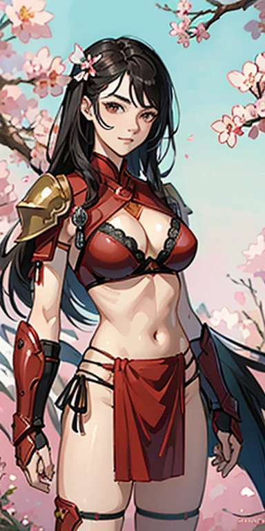 (masterpiece), best quality, expressive eyes, perfect face, ((crimson armor)), black hair, closed smile, athletic body, slim figure, lace bikini, thong, exposed midriff, large breasts, cleavage, fishnets, watercolor, sakura blossom background. thunder lightning magic