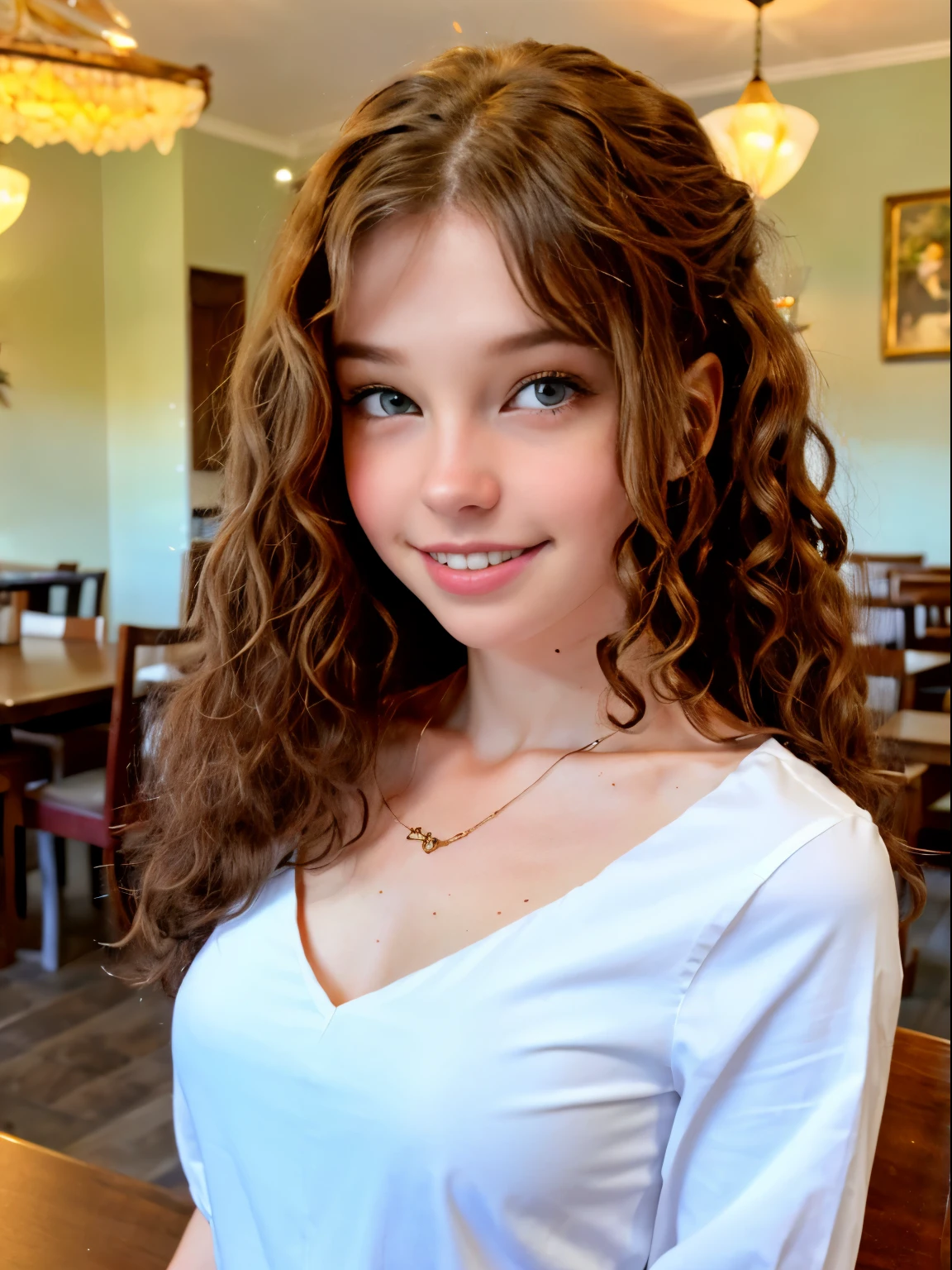 belledel, 16-year-old, posing for a photo,  full body, wide shot, working as a waitress, detailed eyes, (loose curly hair), (dark hair), (small breasts), skinny, slim body, small hips, detailed clothes, detailed body, high quality photo, white blouse, black chino pants, standing in a diningroom in  amsterdam, perfect eyes, perfect smile, 