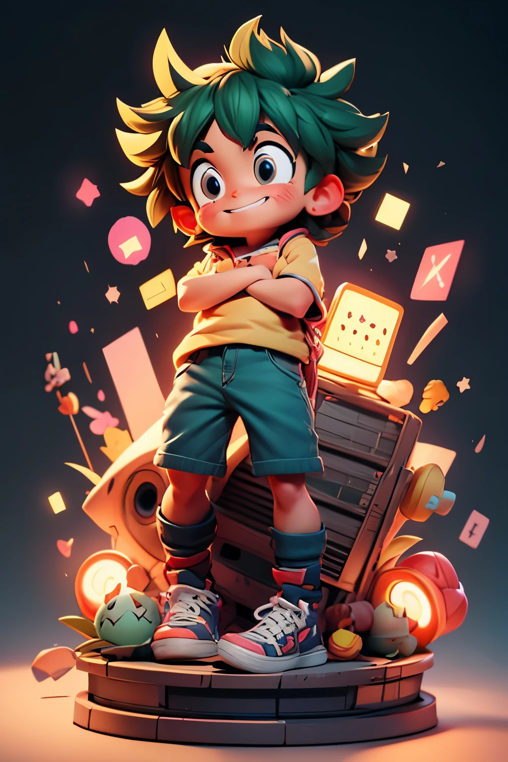 city street, Super cute Izuku Midoriya full body 3D image, 1pc, good eyes looking, big eyes, cute, happy, c4d, pop matt blind box, bright street light, toys, solid color background, chibi, fluorescent translucency, luminous body, kawaii, doll, Reference table, blind box pop mart, Pixar, complex details, 3D rendering, mixer, OC renderer, FOL body reference sheet, Dribble, High Details, 8K, Studio Lighting, Loli, Petite, ddler, Chibi, SD characters: 23, Magic Space Warehouse background, closed hands, fist, closed hands