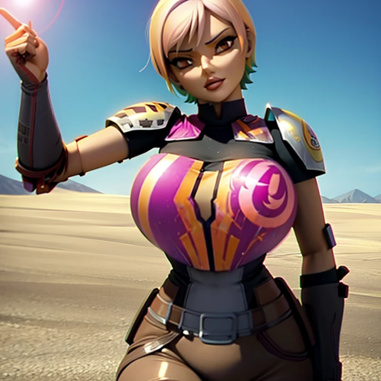 sabine wren wearing armor, big thighs, big boobs, slim, young, helmet