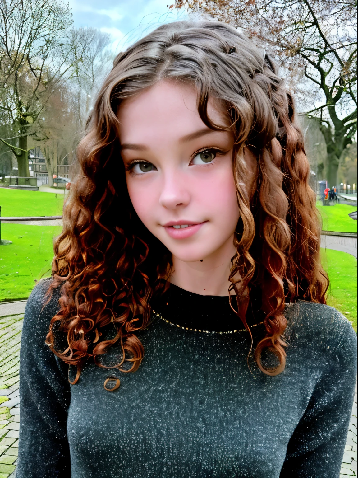 belledel, 16-year-old, full body, detailed eyes, (loose curly hair), (dark hair), (small breasts), skinny, slim body, small hips, detailed clothes, detailed body, high quality photo, red sweater, black flared leggings, walking througha park in  amsterdam, perfect eyes, perfect smile, 