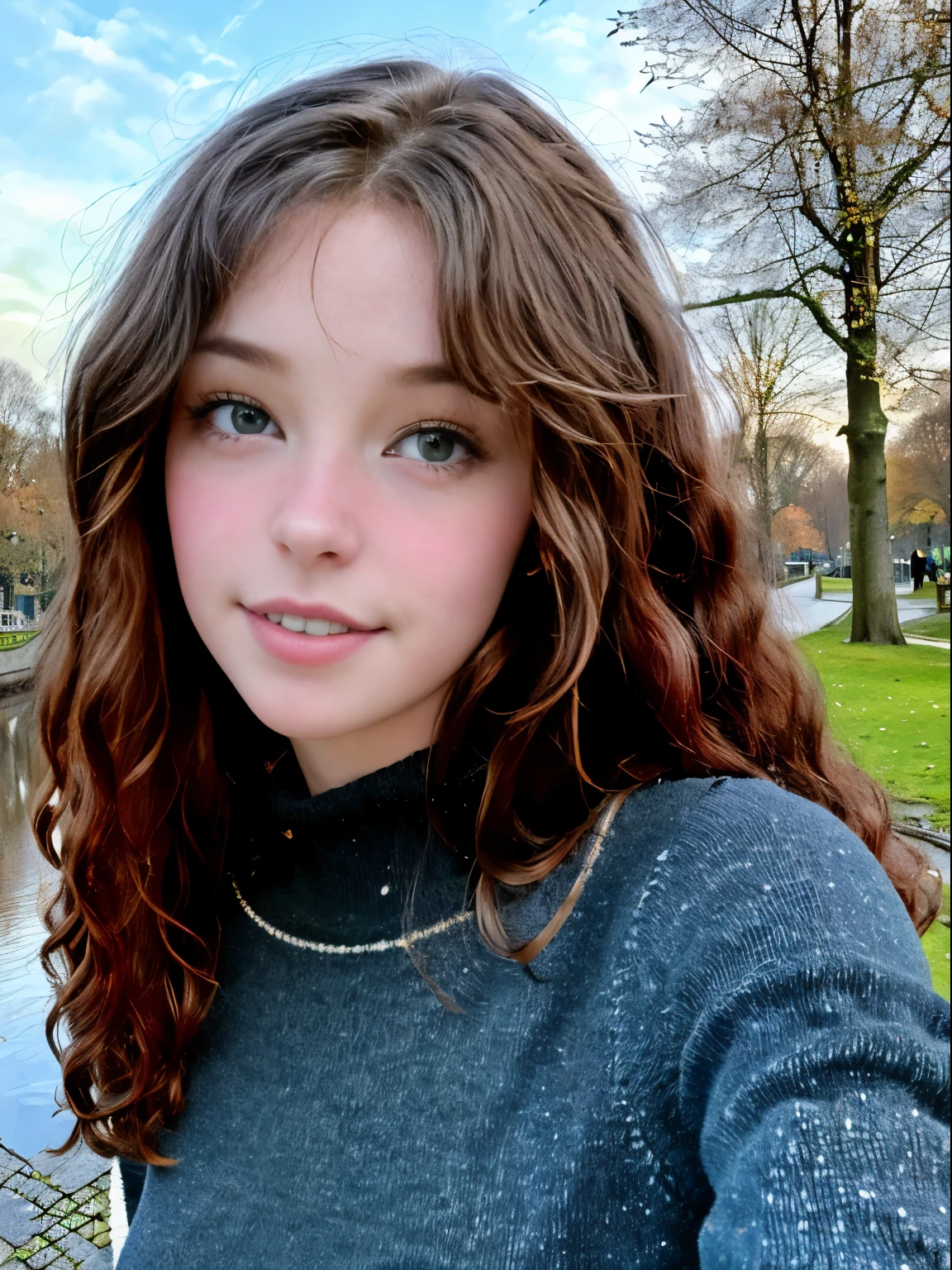 belledel taking a selfie, 16-year-old, full body, detailed eyes, (loose curly hair), (dark hair), (small breasts), skinny, slim body, small hips, detailed clothes, detailed body, high quality photo, red sweater, black flared leggings, walking througha park in  amsterdam, perfect eyes, perfect smile, 