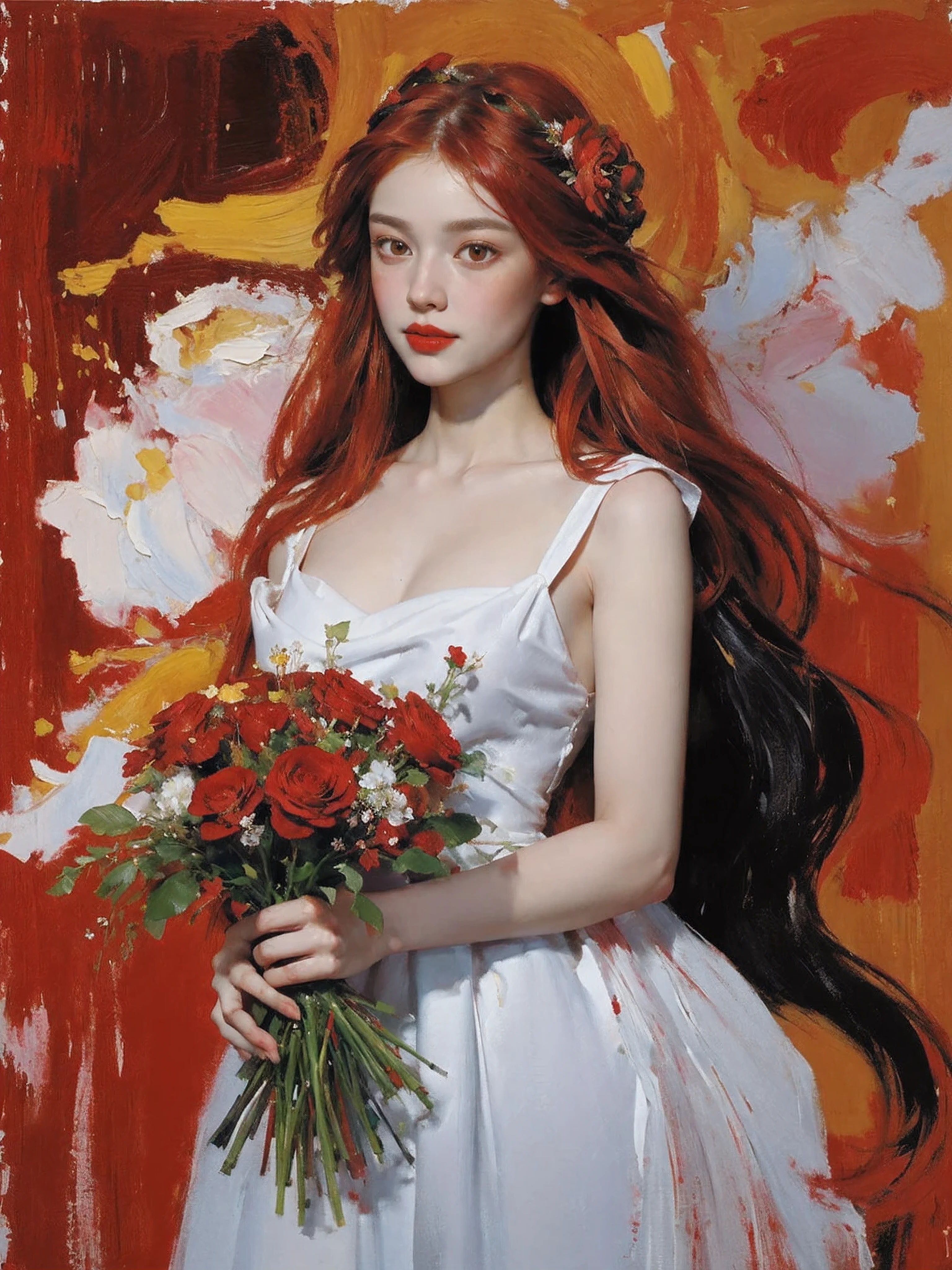 portrait,1girl,solo,dress,holding bouquet,very long hair,red flower,red hair,red rose,white dress,((dyeing)),((oil painting)),((impasto)),