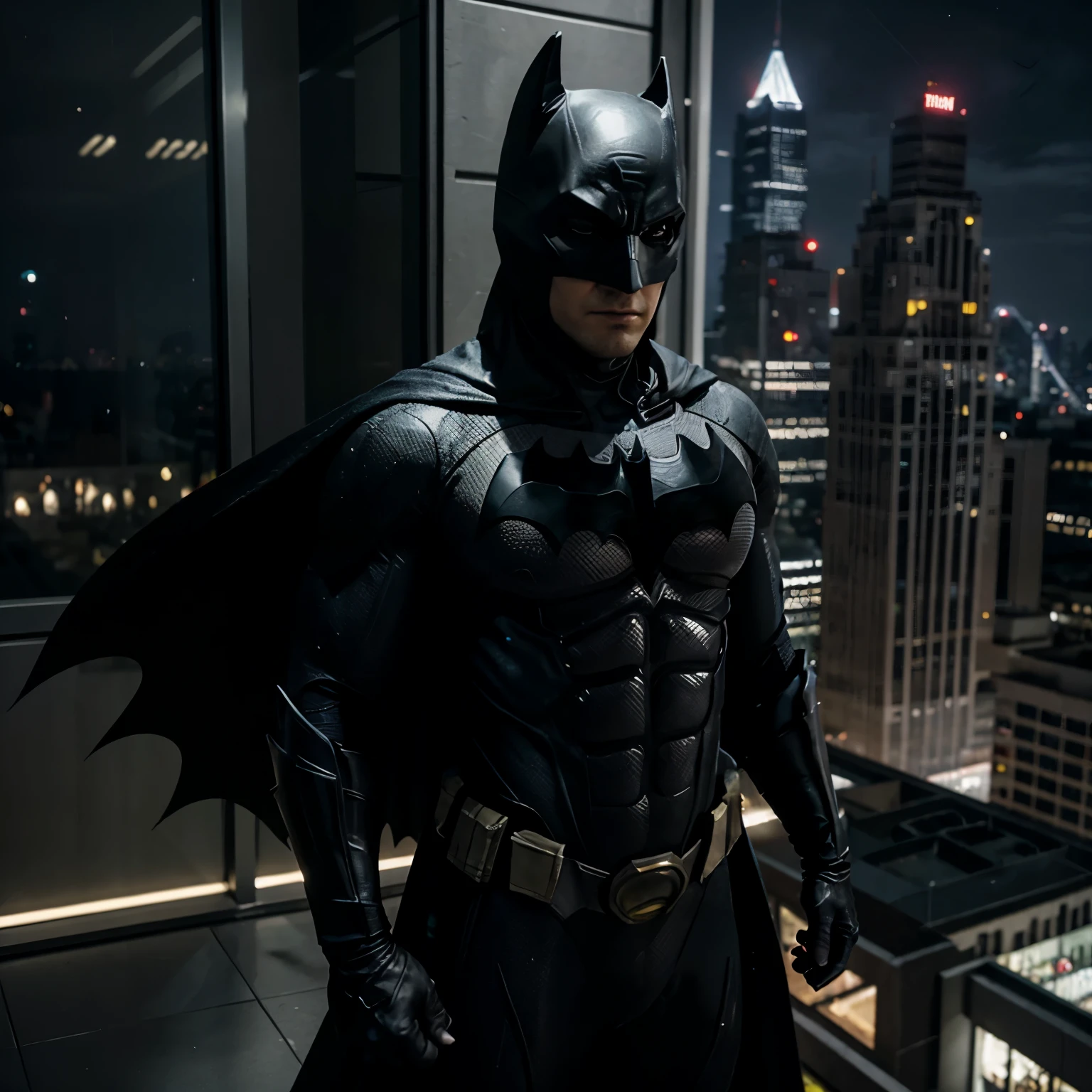 Batman, com armadura semelhante ao do filme, encarando o Superman flutuando, com traje totalmente preto, numa noite chuvosa em Gotham, at the edge of a building