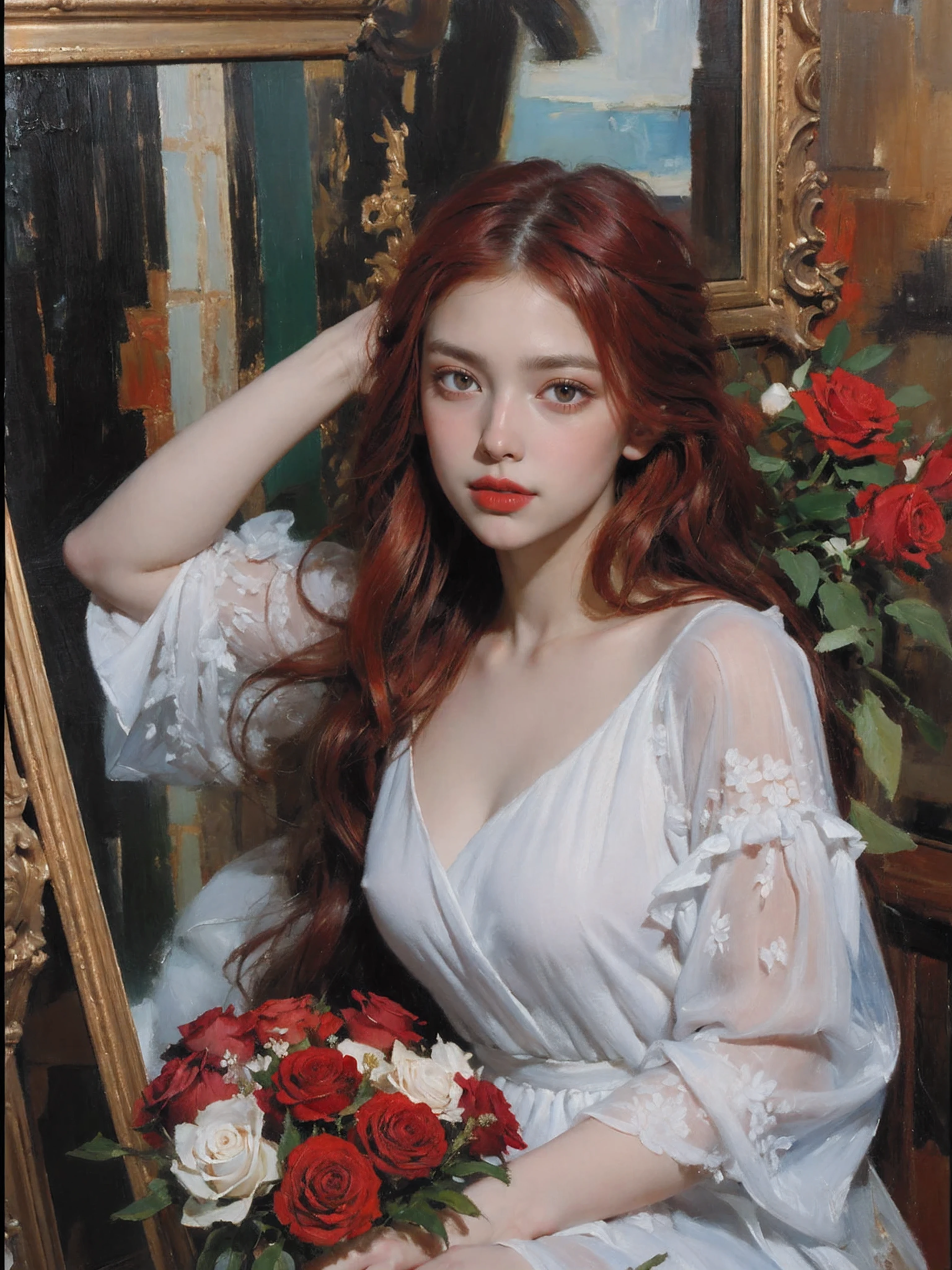 portrait,1girl,solo,dress,holding bouquet,long hair,red flower,red hair,red rose,white dress,((dyeing)),((oil painting)),((impasto)),