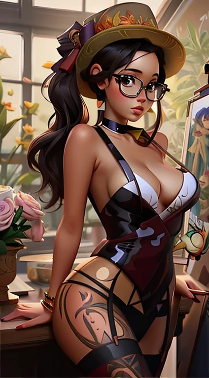 there is a woman in a hat and glasses posing for a photo, wlop rossdraws, obras de arte no estilo de guweiz, Ross Draws 1. 0, , no estilo wlop, totalmente vestido. pintura de sexy, garota anime sedutora, pintura digital rossdraws, inspirado em rossdraws, wlop e rossdraws