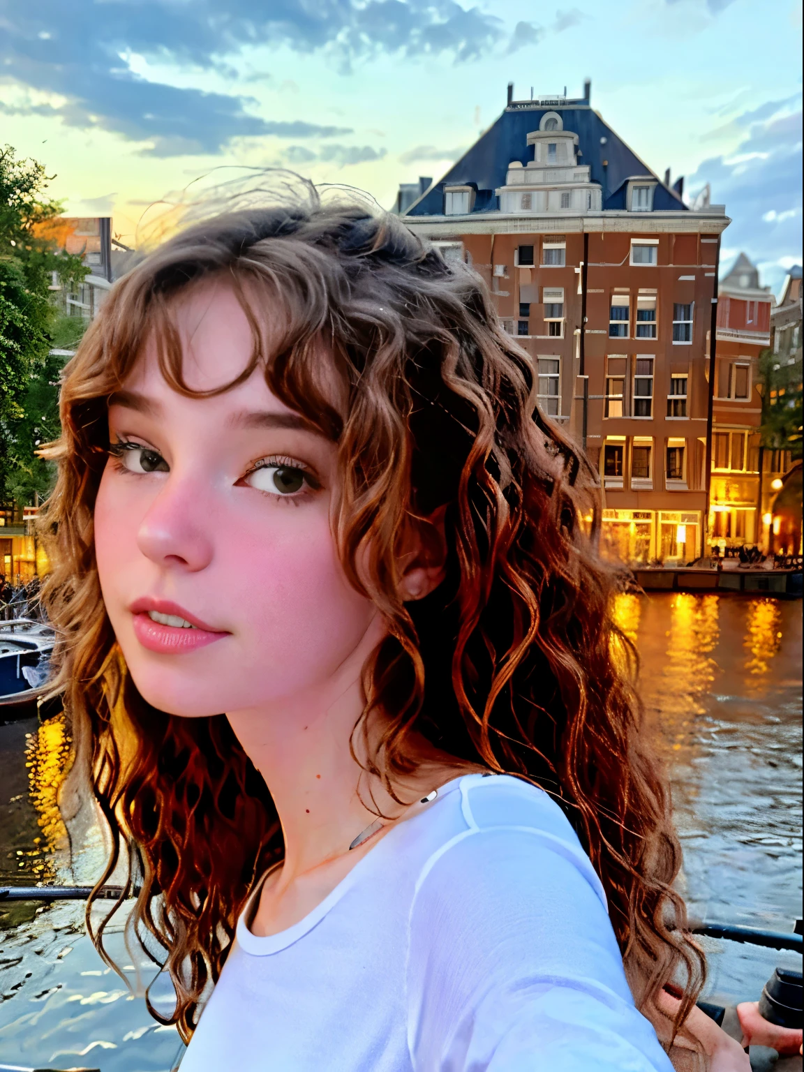 belledel taking a selfie, -yeld, diled eyes, no makeup, (loose curly hair), (dark hair), (small breasts), skinny, slim body, small hips, detailed clothes, detailed body, high quality photo, white shirt, black flared leggings, walking through amsterdam