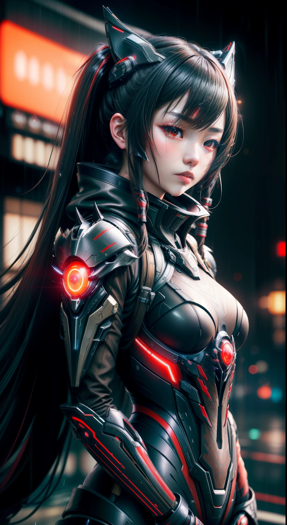 1 japanese girl, WARFRAME, intricate pattern, heavy metal, energy lines, faceless, glowing eyes, elegant, intense, blood red and black uniform, solo, modern, city, streets, dark clouds, thunderstorm, heavy rain,, dramatic lighting,, (masterpiece:1.2), best quality, high resolution,   beautiful detailed, extremely detailed, perfect lighting,