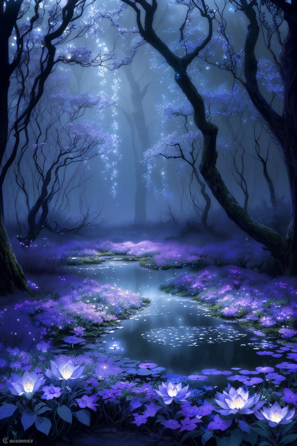 (a dark and mysterious enchanted forest garden grove), pretty flowers, (a somber and eerie mood), (a starry sky), (an open sky), (a night-time ambiance), lush foliage, ancient trees, misty atmosphere, hidden paths, (whispering shadows), (sparkling moonlight), mystical creatures, (a tranquil pond with moonlight reflection), (velvet-like petals), (fragrant blossoms), (a mesmerizing floral aroma), (subtle shades of purples and blues), (subdued lighting), (ethereal glow), (a touch of silver moonbeam), (dappled light and dark contrast), (a sense of solitude and serenity), (mystical energy pulsating through the air), (whispers of enchantment and secrets), (a touch of magic lingering in every corner), (a touch of danger lurking in the shadows), (an otherworldly charm), (softly swaying branches), (a gentle breeze rustling the leaves), (subtle sounds of nature), (a feeling of timelessness and ancient wisdom), (a hint of mystery waiting to be unraveled), (nature breathing with a hidden heartbeat), (an ethereal paradise in the darkness)., (best quality, high-res, masterpiece:1.2), ultra-detailed, (realistic and atmospheric:1.37)