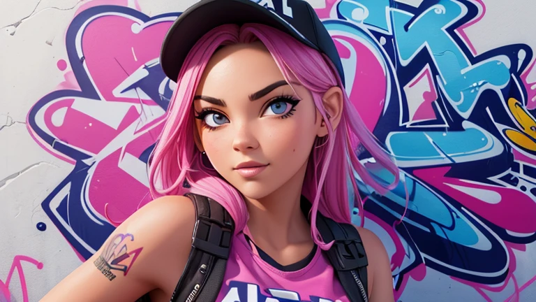 ((best quality)), ( high detail), (1girl), beautiful graffiti artist, (vivid color), tagging a wall, "AIBABE",HDR, 4k, 3D
