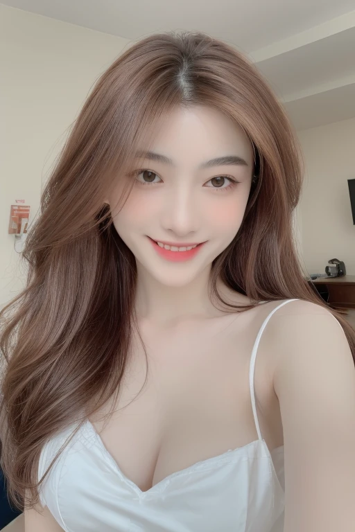 (realistic, high resolution:1.3), 1 girl with perfect figure,light on face, smile, ((white collar)),pale white skin,looking at viewers, super fine face and eyes, long blonde hair, deep v-neck white transparent shirt, face focus:1.3, in bedroom, sit on the bed, massive breasts, exposed cleavage