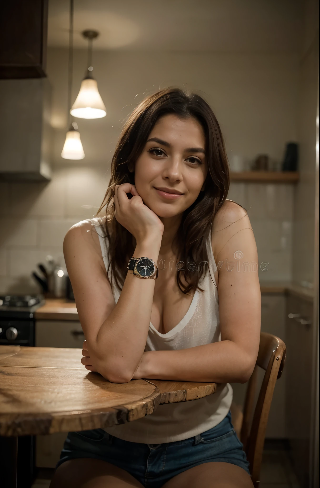 There a beautiful smiling woman sitting at a table with a watch on her wrist, Pose casual, sentado em uma mesa, Lorena Avarez, sente-se casualmente, Karla Ortiz, ela tem cerca de 30 anos de idade, taken in the early 2020s, sentado em uma mesa cor de mocha, fernanda suarez, casual, 30 anos, cool looking, fotografiarrealista, fotografia, obra-prima, realista, Realismo, renderizado, Alto contraste, Arte Digital, fotográficorealista, trend in Artstation 8k HD, high definiton, circunstanciado, Realistic, detalhada, textura da pele, hiperdetalhada, Textura realista da pele, melhor qualidade, ultra high-resolution, (fotografiarrealista: 1.4), high resolution, detalhada, fotografia crua, sharp resolution, Nikon D850 filmes, fotografia de stock 4, Kodak Portra 400 Camera F1 Lens.6, textura hiper realista, lighting dramatic, Unrealistic trend in Artstation Cinestill 800, ..RAW. Directed by: Lee Jeffries, beautiful feace, perfect face