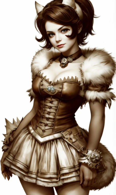Zeichnung einer Frau in einem Korsett und flauschigen Ohren, Steampunk beautiful woman, Portrait of a female mechanic, Fantasy portrait, Steampunk-Pin-up-Girl, Schneewittchen als D & d fighter, Als Lady Mechanics, Steampunk lady portrait, Steampunk cat girl portrait, Steampunk girl, Orianna, Lofi steampunk bioshock portrait