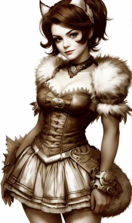 Zeichnung einer Frau in einem Korsett und flauschigen Ohren, Steampunk beautiful woman, Portrait of a female mechanic, Fantasy portrait, Steampunk-Pin-up-Girl, Schneewittchen als D & d fighter, Als Lady Mechanics, Steampunk lady portrait, Steampunk cat girl portrait, Steampunk girl, Orianna, Lofi steampunk bioshock portrait